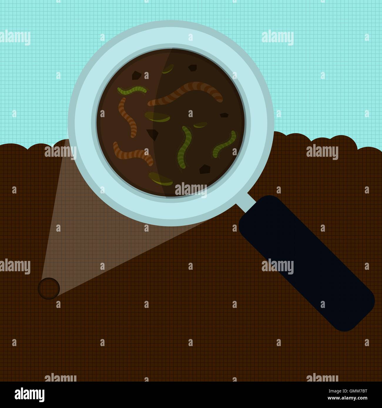 Magnifying glass enlarging the worm and other small body on the earth. Elements with vertical and horizontal lines. Stock Vector