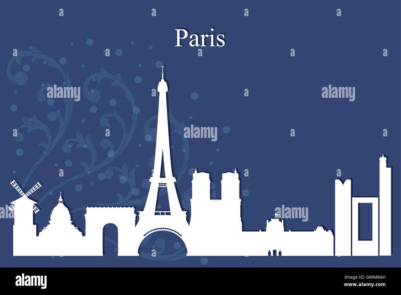 Paris city skyline silhouette on blue background Stock Vector