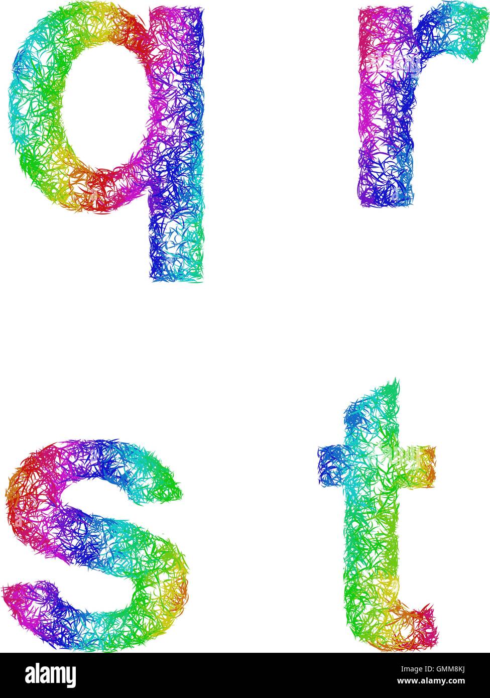 Rainbow sketch font set - lowercase letters q, r, s, t Stock Vector