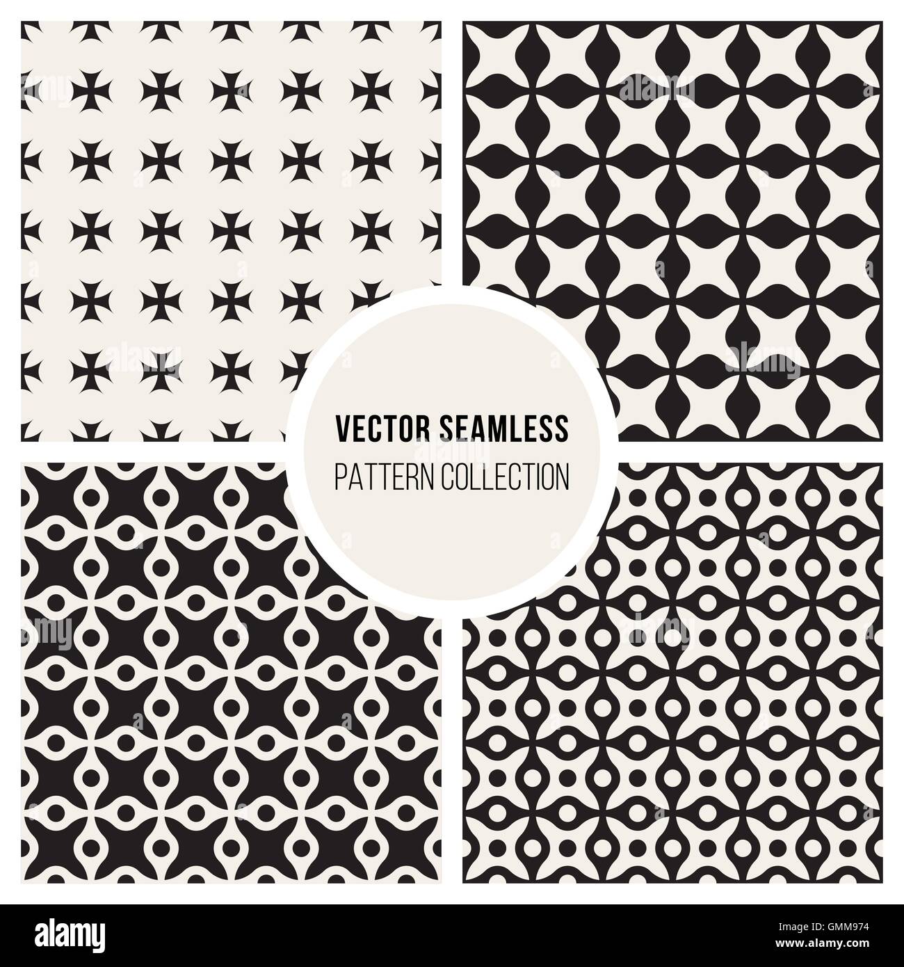 Vector Seamless Black and White Arc Connected Circles Rounded Lines Grid Cross Pattern Set Stock Vector