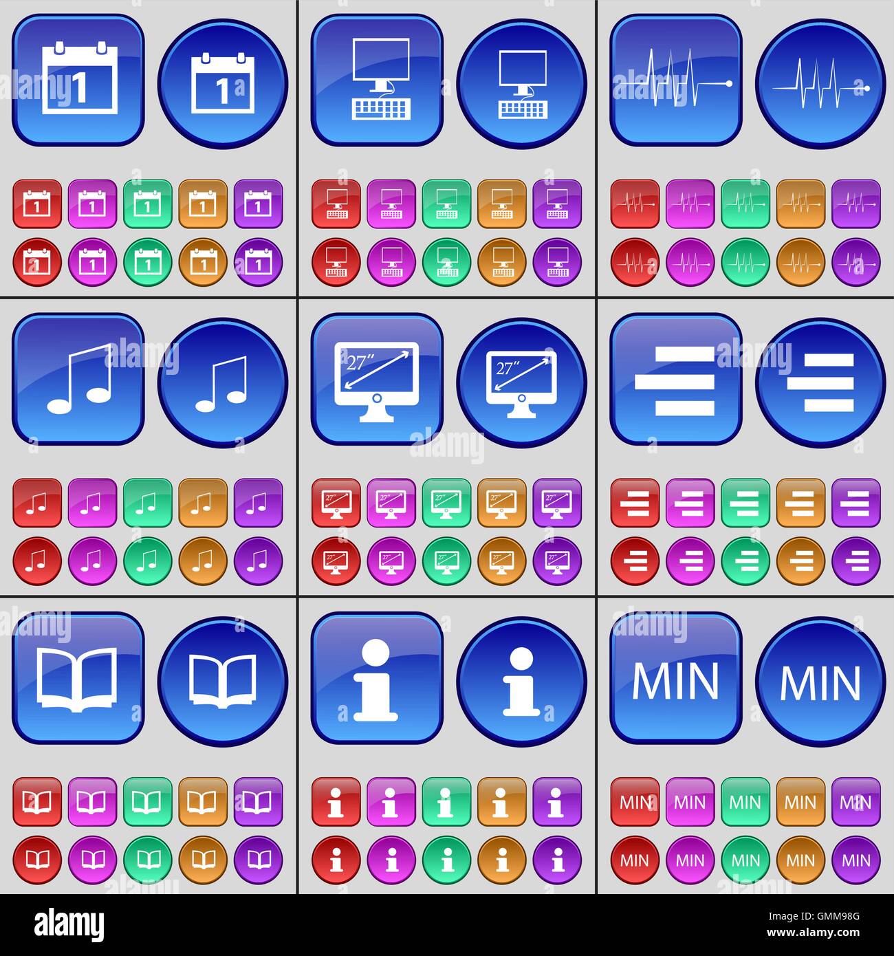Cloud, PC, Pulse, Note, Monitor, List, Book, Information, Min. A large set of multi-colored buttons. Vector Stock Vector