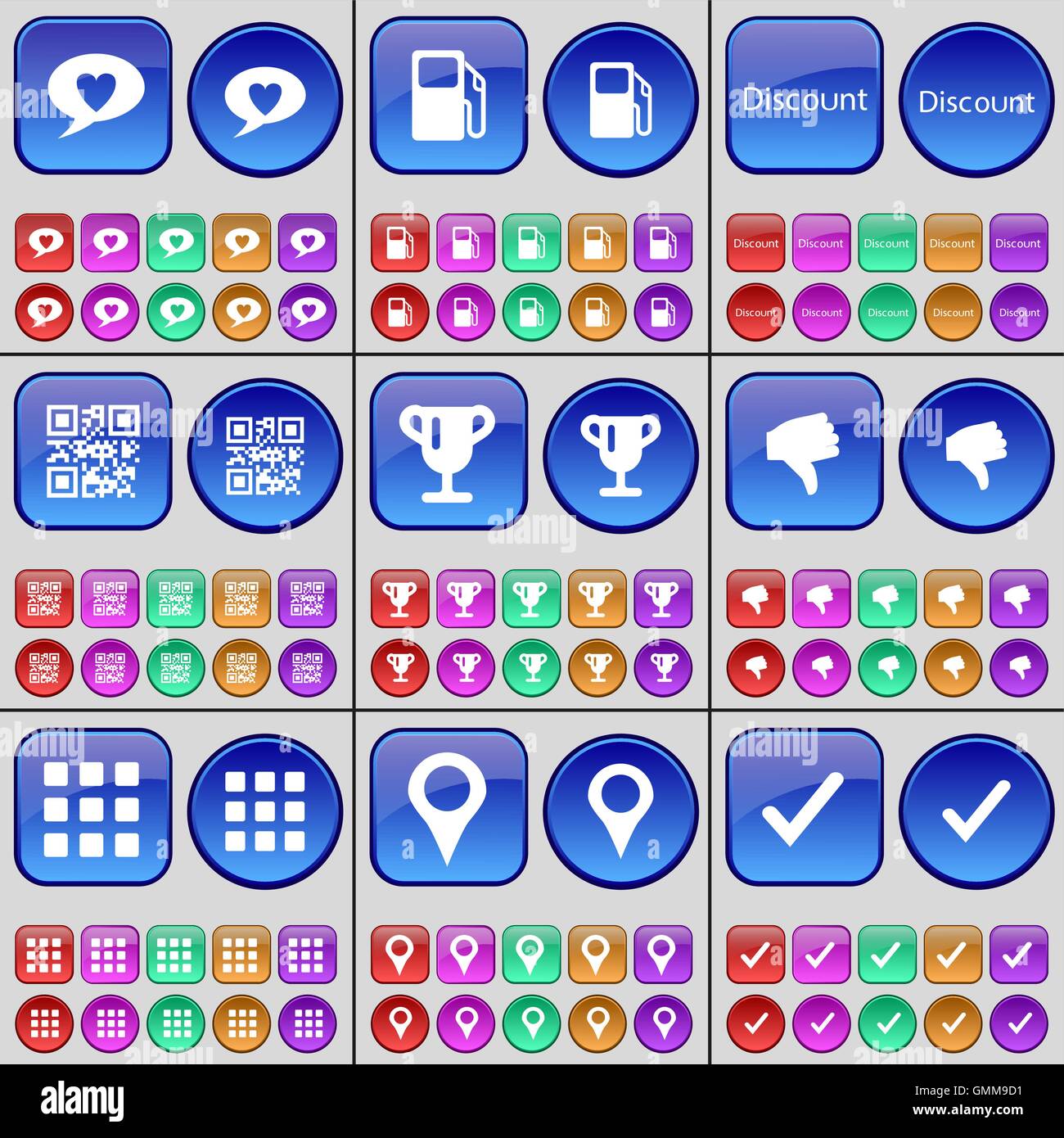 Chat bubble, Gas station, Discount, QRcode, Cup, Dislike, Apps