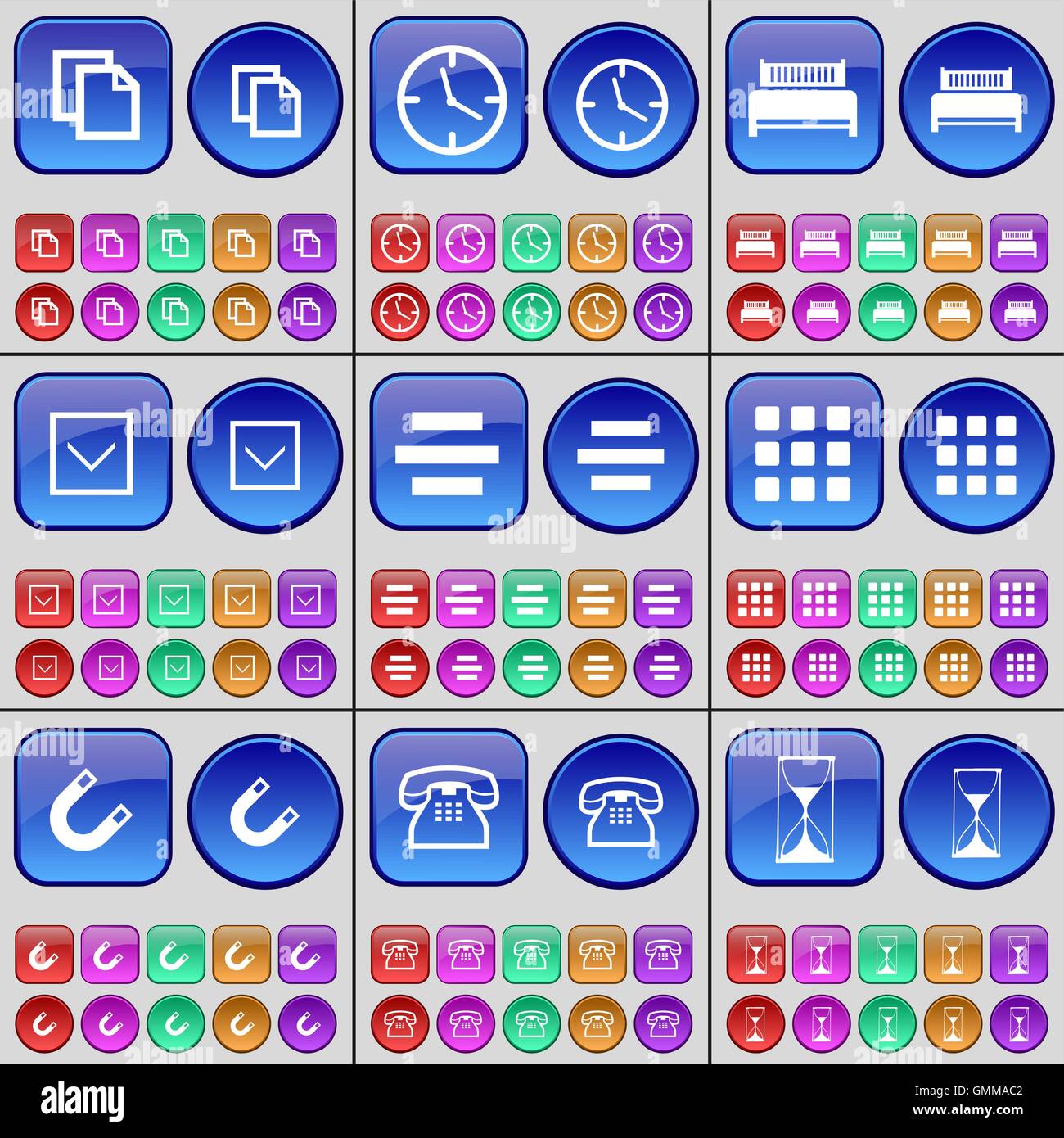 Copy, Clock, Bed, Arrow down, List, Apps, Magnet, Phone, Hourglass. A large set of multi-colored buttons. Vector Stock Vector