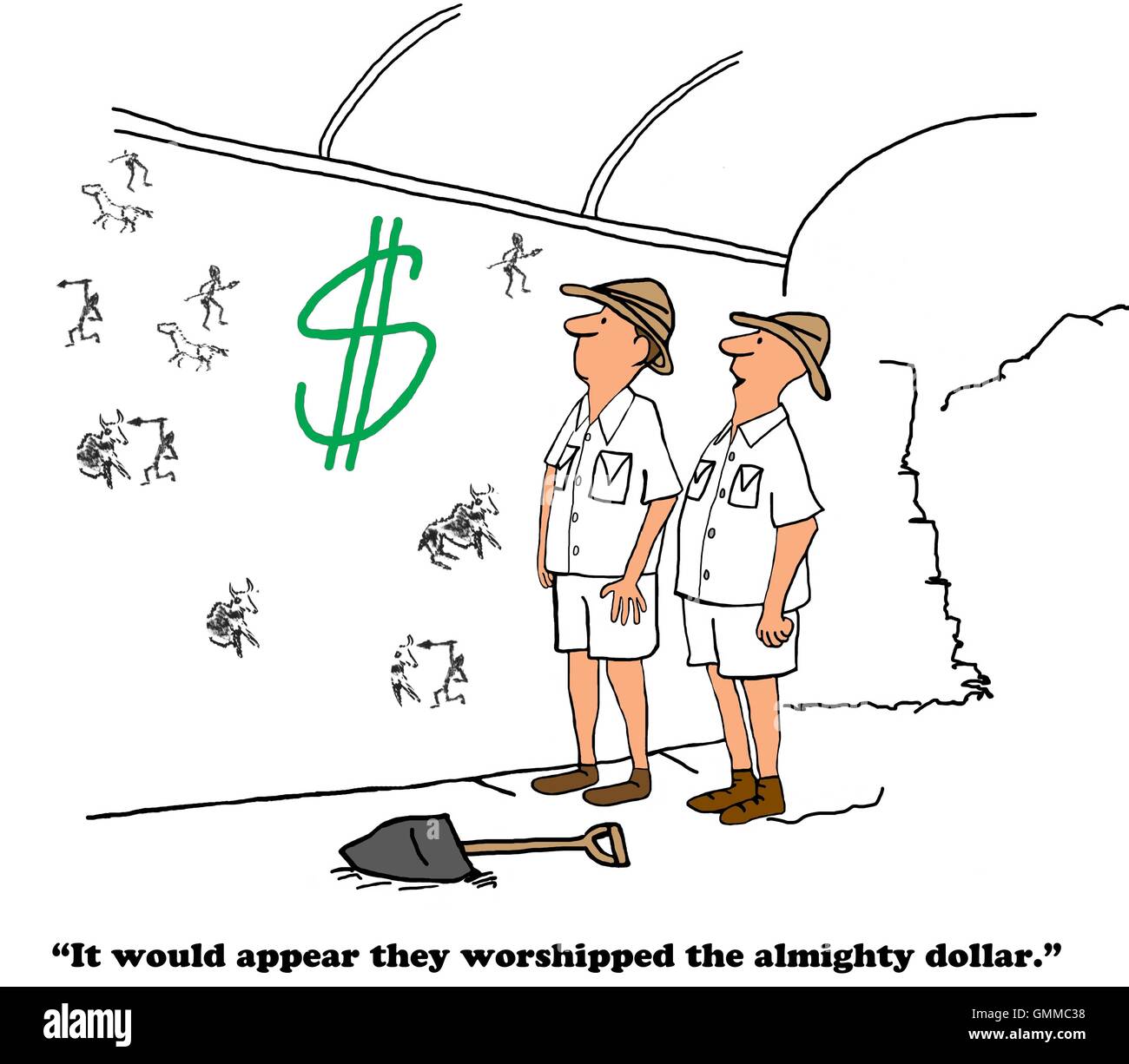 Business cartoon showing two men looking at cave drawings that include a dollar sign. Stock Photo