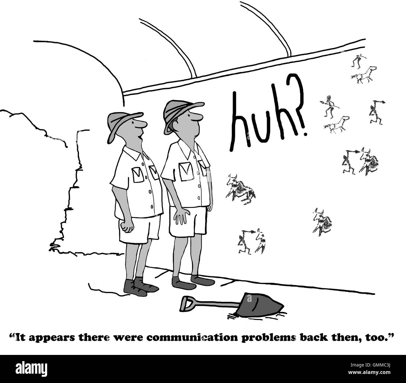 Business cartoon showing the word 'huh' among cave drawings. Stock Photo