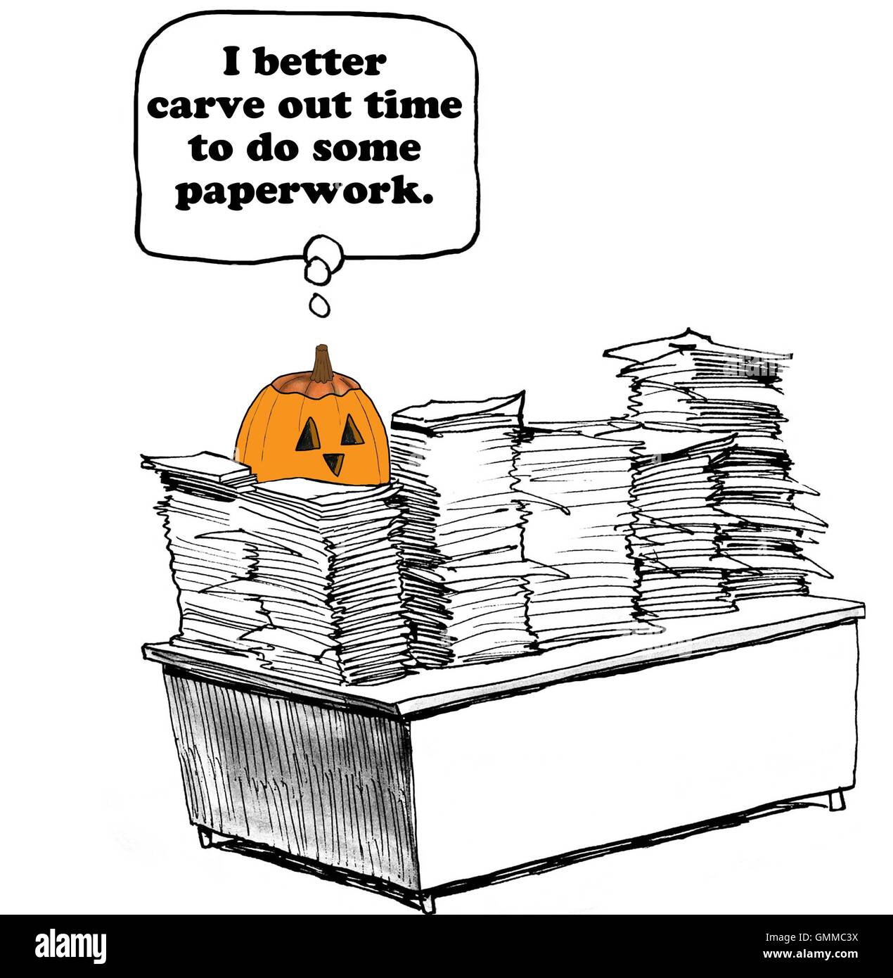 Business and Halloween cartoon about a pumpkin surrounded by piles of paperwork. Stock Photo