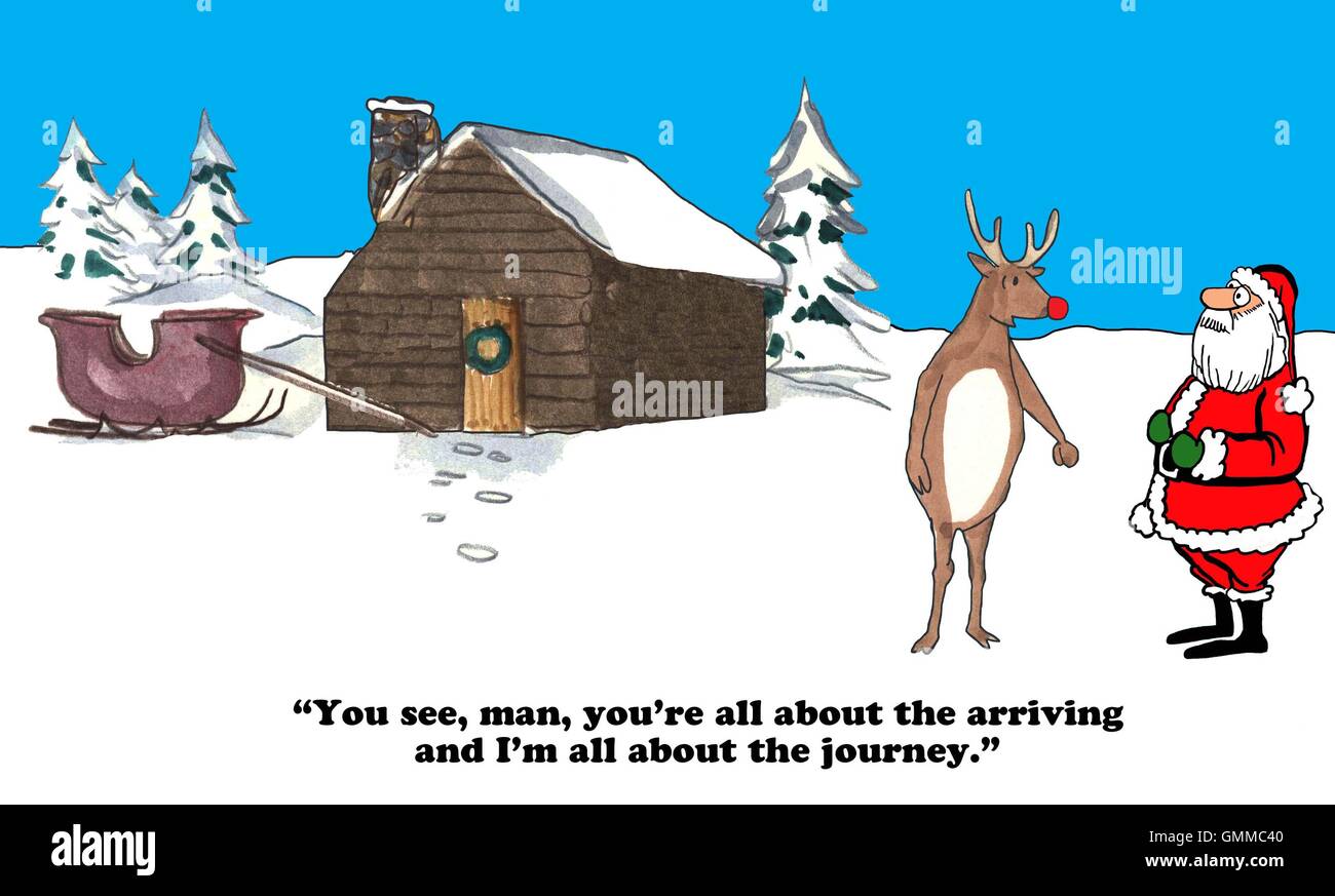Christmas cartoon about Santa Claus and Rudolph comparing how they view Christmas. Stock Photo