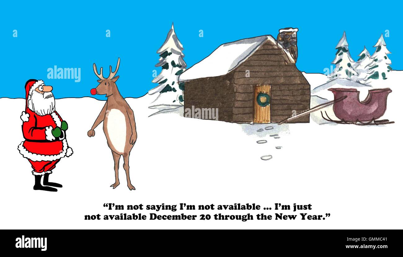 Christmas cartoon about Rudolph telling Santa Claus he will not be available to pull the sled for the Christmas holiday. Stock Photo