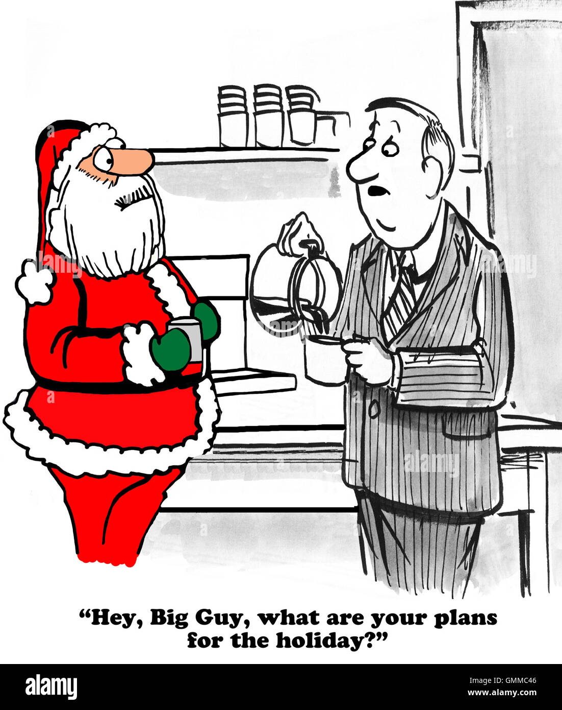 Christmas cartoon an oblivious coworker asking Santa Claus what Santa is doing over the Christmas holiday. Stock Photo