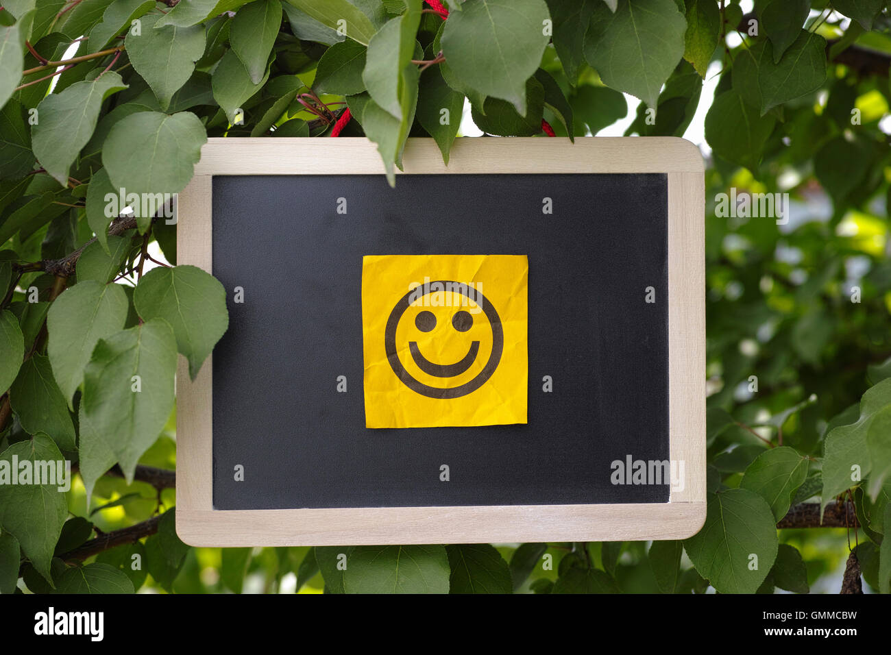Paper note with happy face on blackboard hanging on a tree. Close up. Concept image. Stock Photo