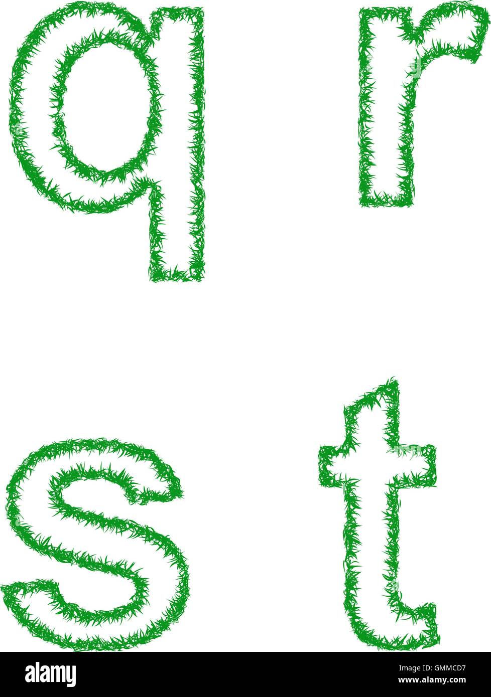 Green grass font set - lowercase letters q, r, s, t Stock Vector