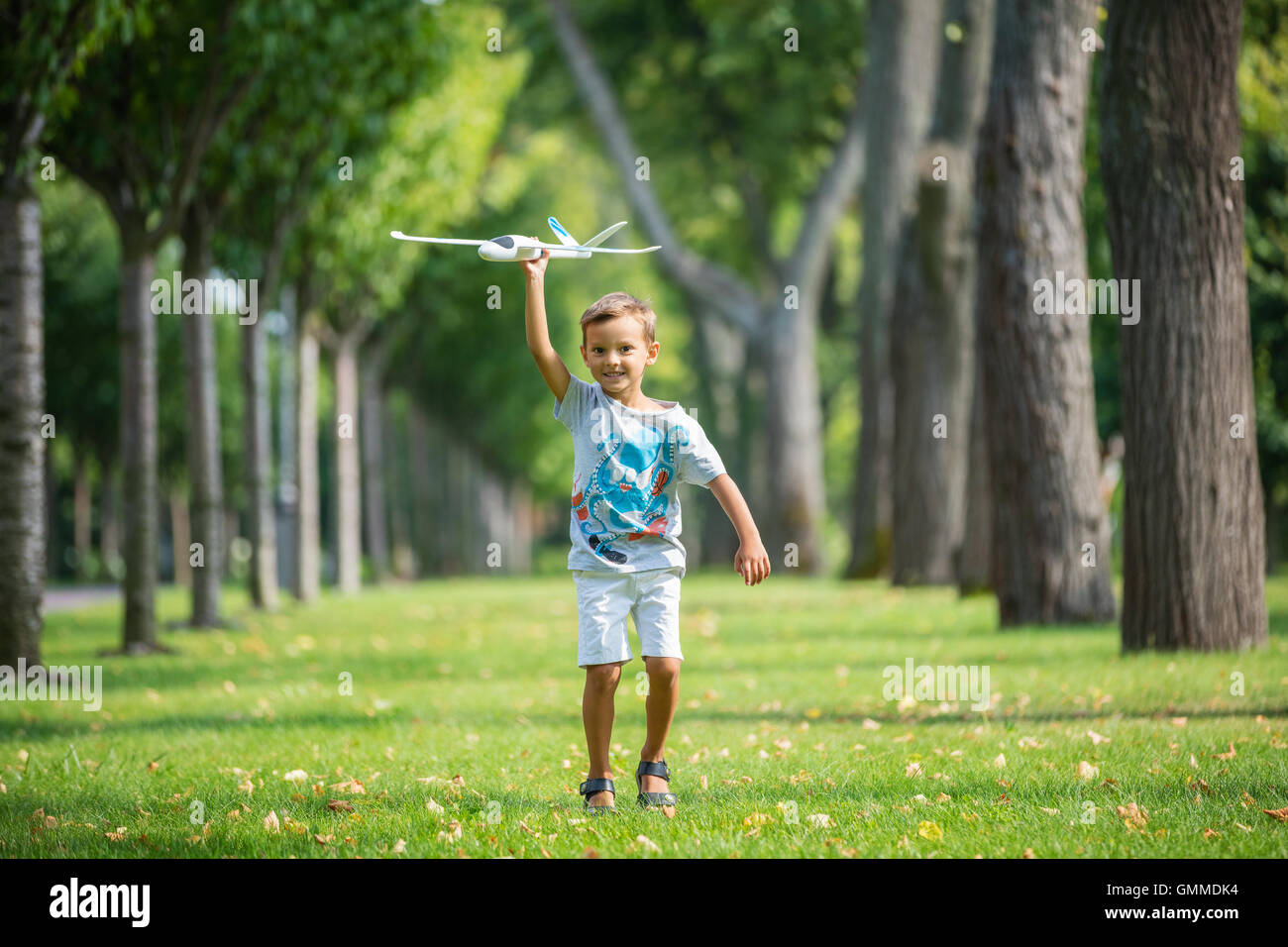 Boy playing with toy glider in park on summer day Stock Photo