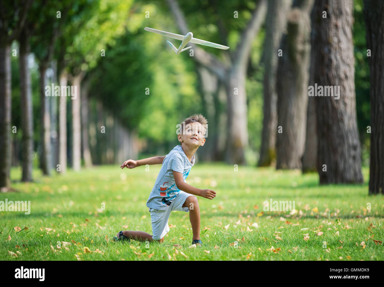Boy playing with toy glider in park on summer day Stock Photo