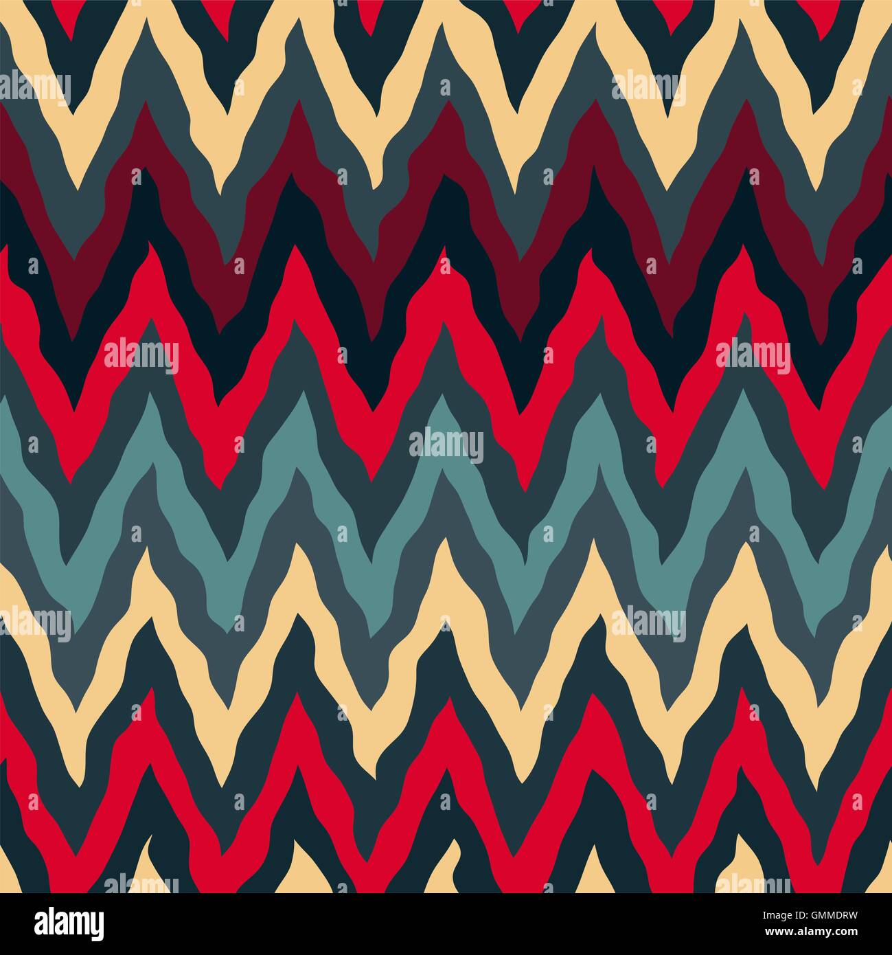 Vector Seamless Red Tan Navy Blue Colors Rough Hand Painted ZigZag