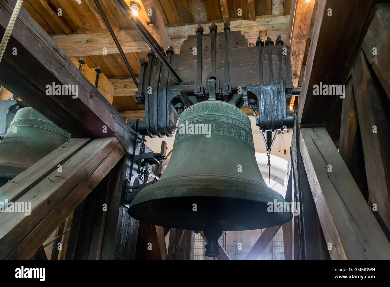Copenhagen, Denmark - August 15, 2016: The bell inside the tower of Vor Frue Cathedral Stock Photo