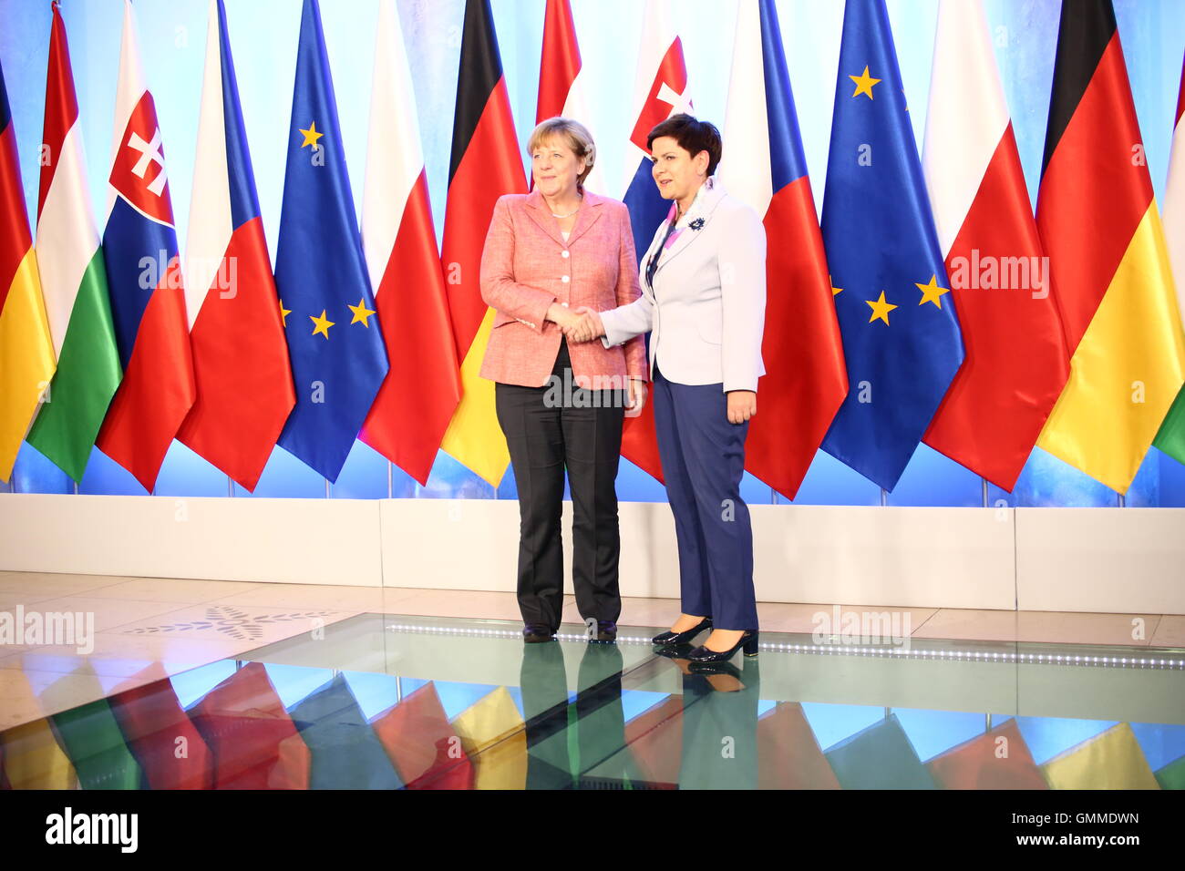 Warsaw, Poland. 26th Aug, 2016. Polish Prime Minister Beata Szydlo held official meeting with German Chancellor Angela Merkel and the Visegrad Group. Primer of Hungary Viktor Orban, Czech Primer Bohuslav Sobotka and Slovakian Prime Minister Robert Fico took part in talkings. Credit:  Jakob Ratz/Pacific Press/Alamy Live News Stock Photo