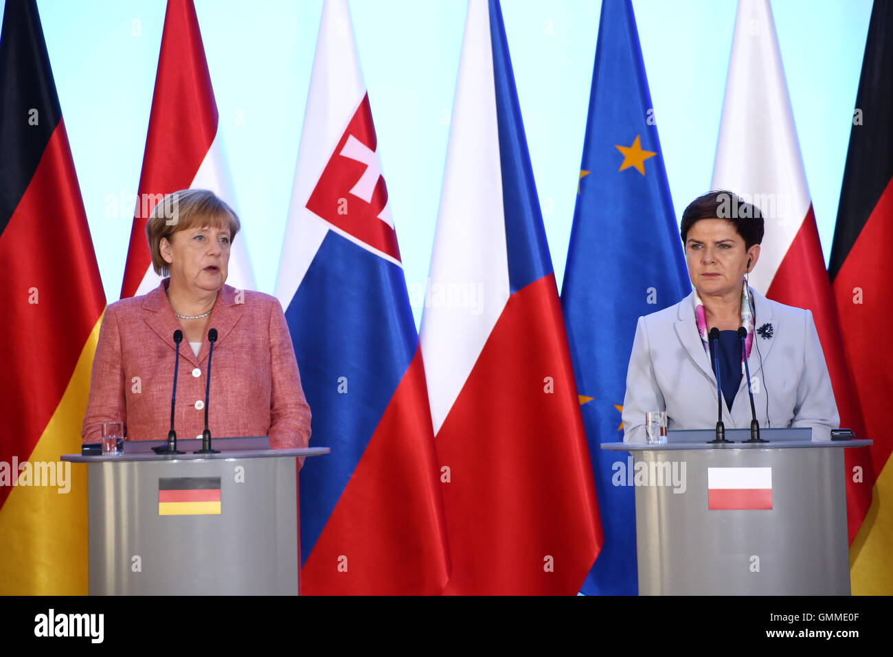 Warsaw, Poland. 26th Aug, 2016. Polish Prime Minister Beata Szydlo held official meeting with German Chancellor Angela Merkel and the Visegrad Group. Primer of Hungary Viktor Orban, Czech Primer Bohuslav Sobotka and Slovakian Prime Minister Robert Fico took part in talking. Credit:  Jakob Ratz/Pacific Press/Alamy Live News Stock Photo