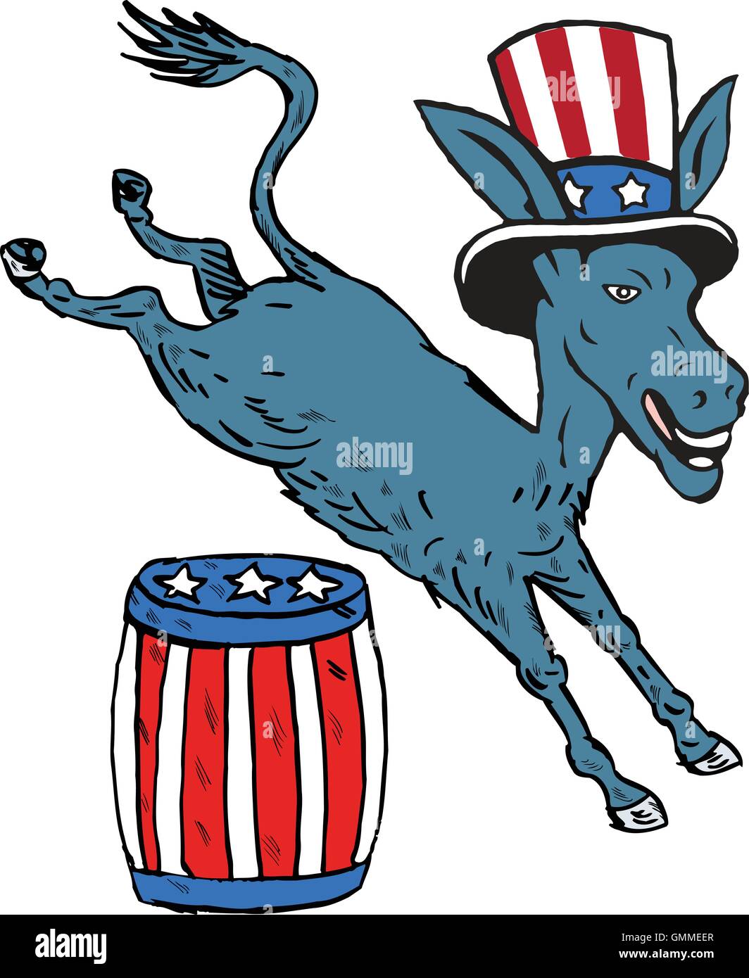 Democrat Donkey Mascot Jumping Over Barrel Cartoon Stock Vector