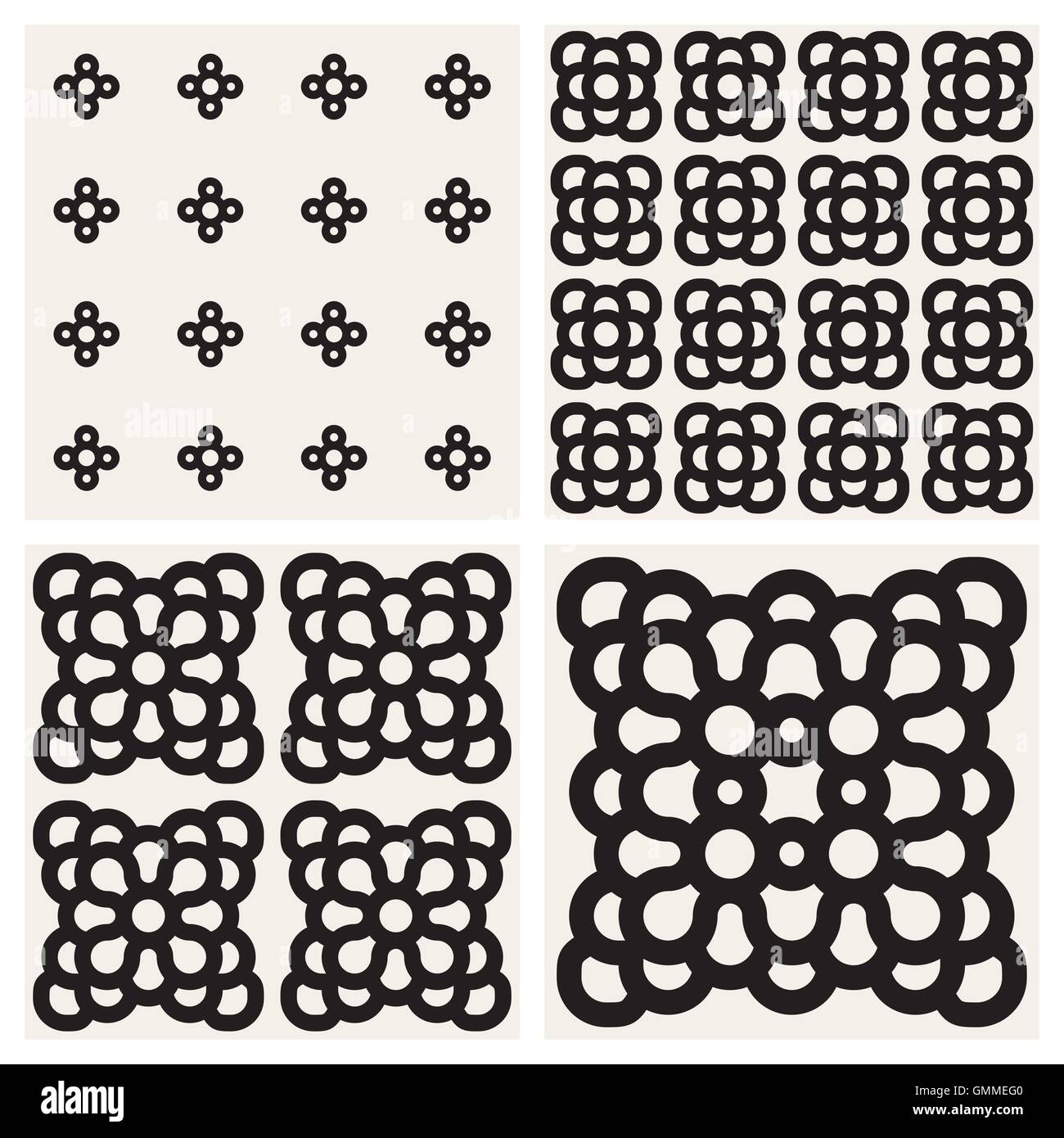Vector Seamless Black And White Rounded Ornaments Pattern Set
