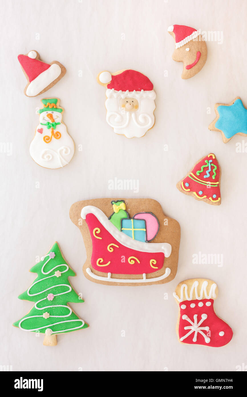 Holiday gingerbread cookies decorated with royal icing, top view Stock Photo