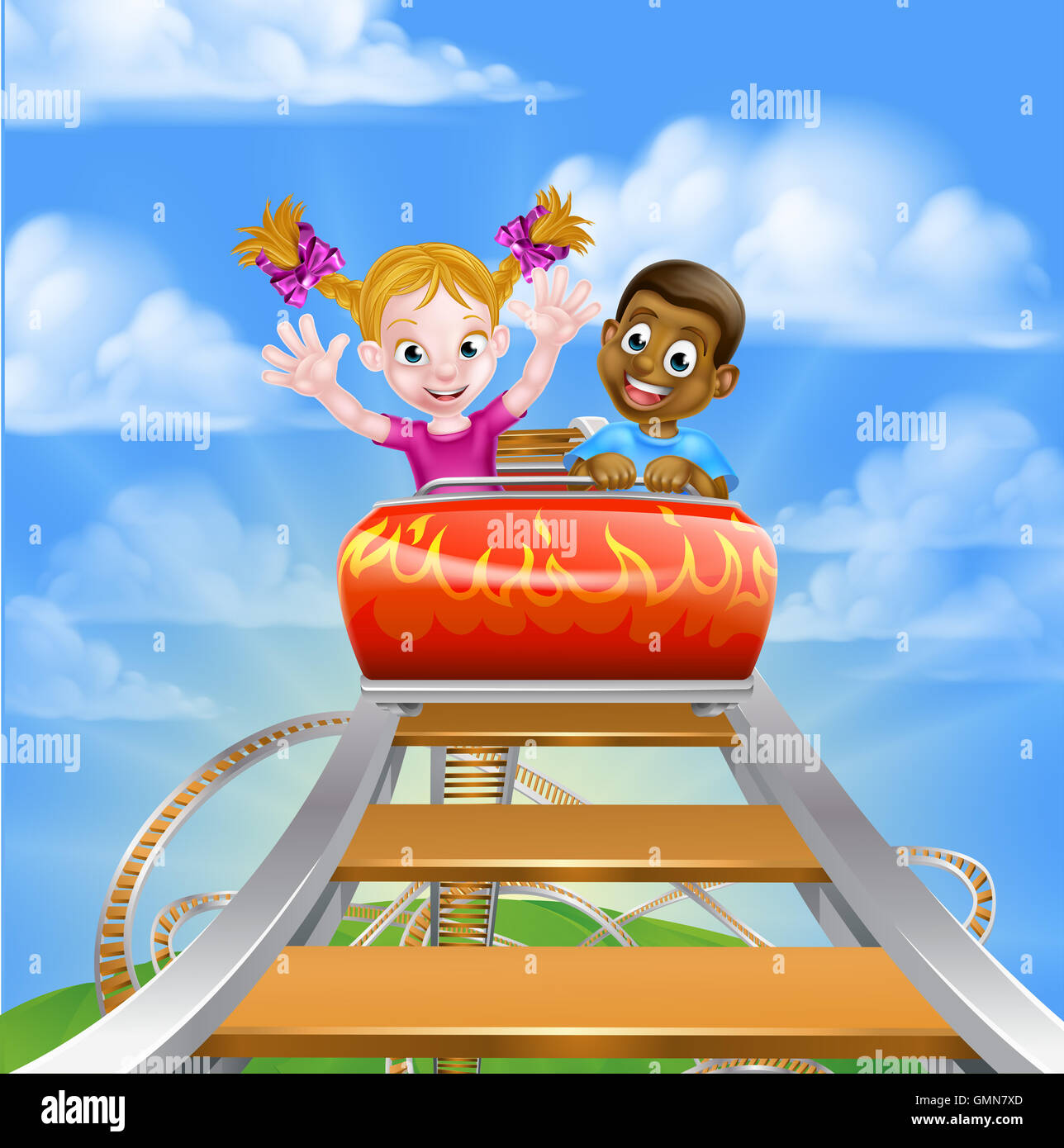 Cartoon boy and girl riding on a roller coaster ride at a theme park or amusement park Stock Photo