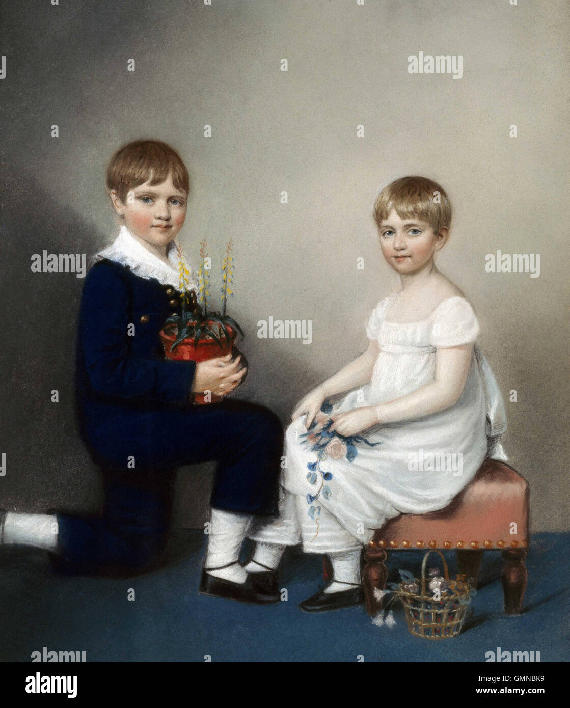 CHARLES DARWIN (1809-1882) aged six with his sister Catherine in an 1816 chalk drawing by Ellen Sharples Stock Photo