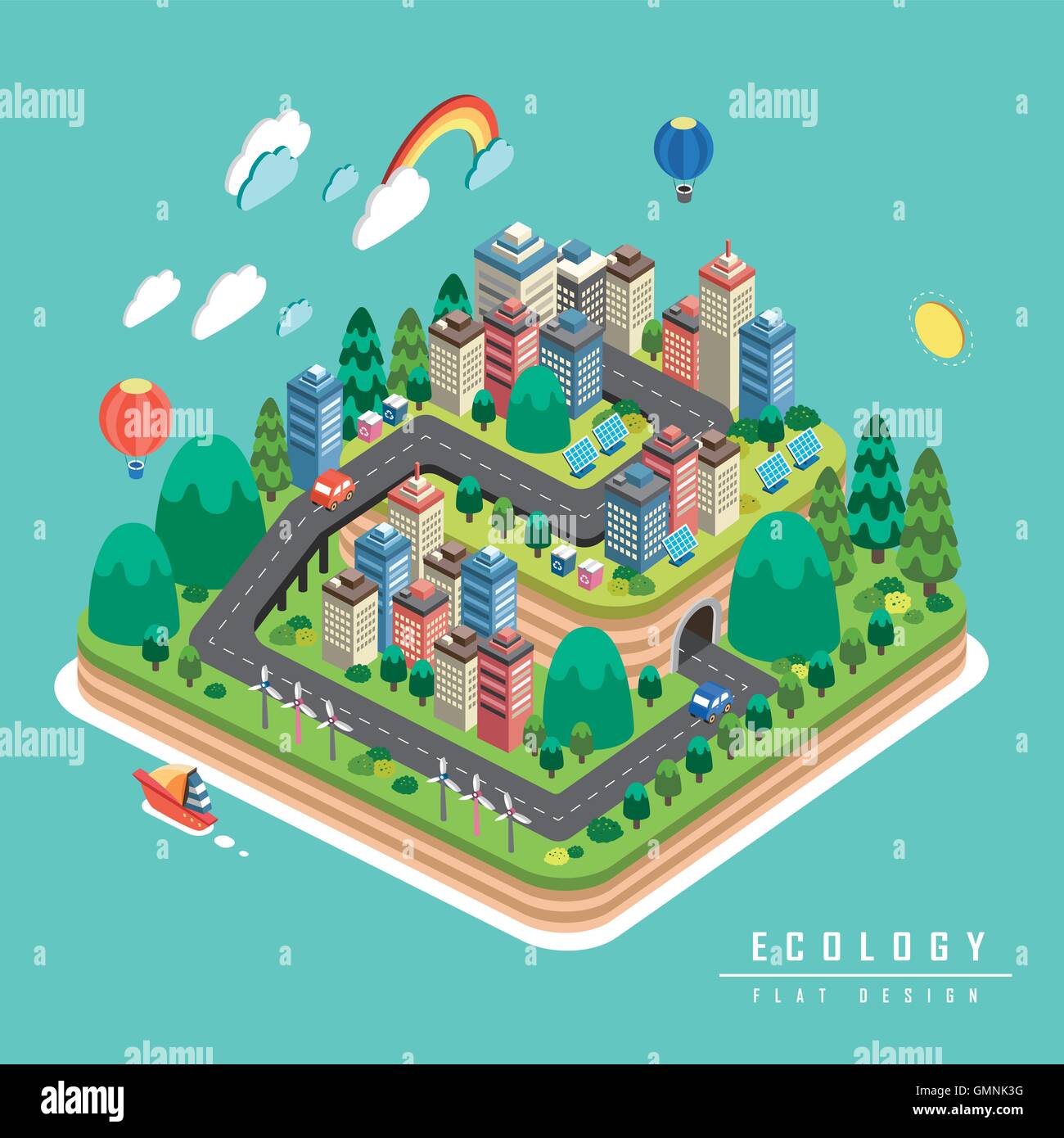 Ecology concept design, environmental elements with green city in 3d