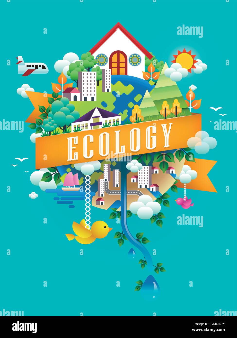Ecology concept design, environmental elements in flat style Stock