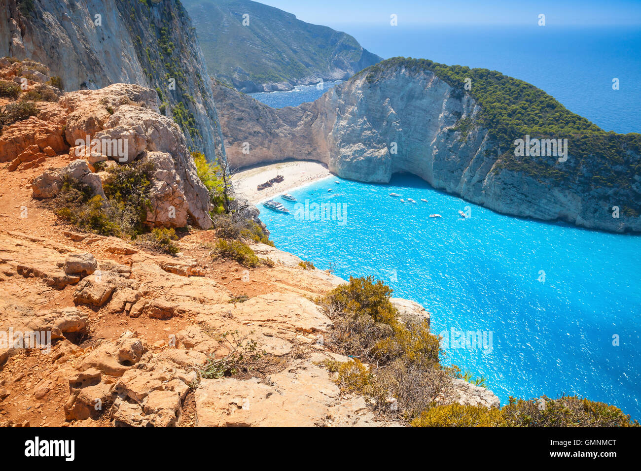Navagio or Shipwreck beach. The most famous landmark of Greek island Zakynthos in the Ionian Sea Stock Photo