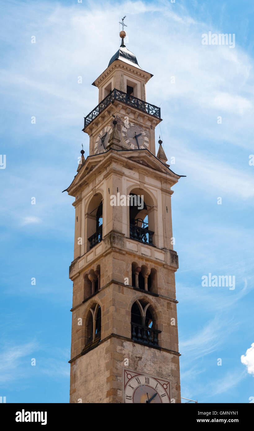 The Dolomites, Trentino, northern Italy. The church tower (campanile) in this little mountain village Stock Photo