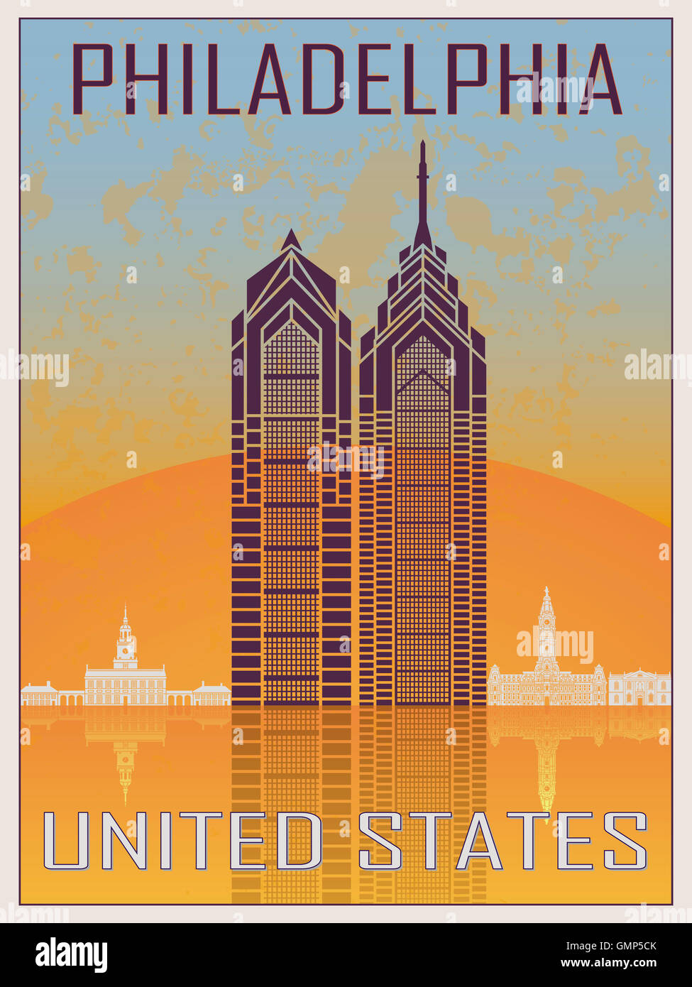 Philadelphia Vintage Poster in orange and blue textured background with skyline in white Stock Photo