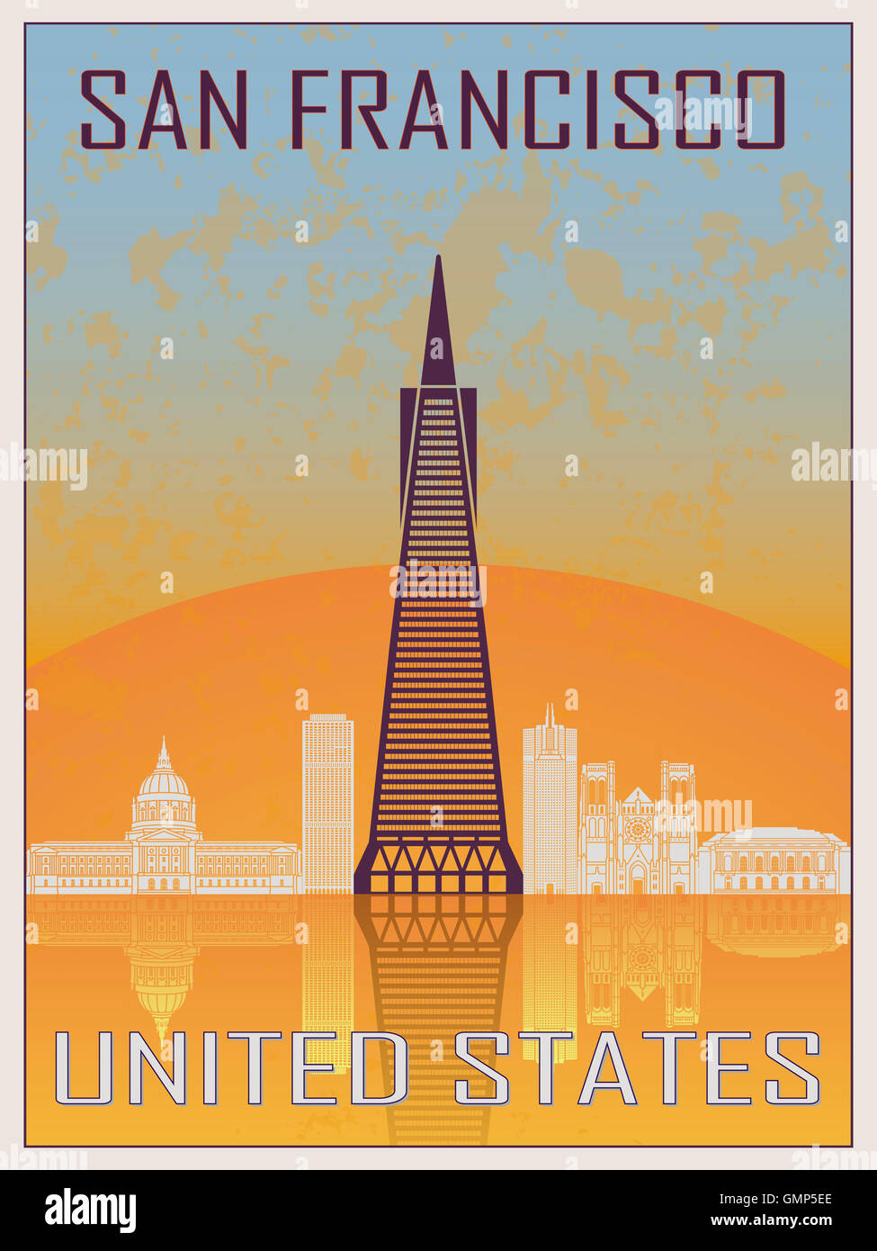 San Francisco 2 Vintage Poster in orange and blue textured background with skyline in white Stock Photo