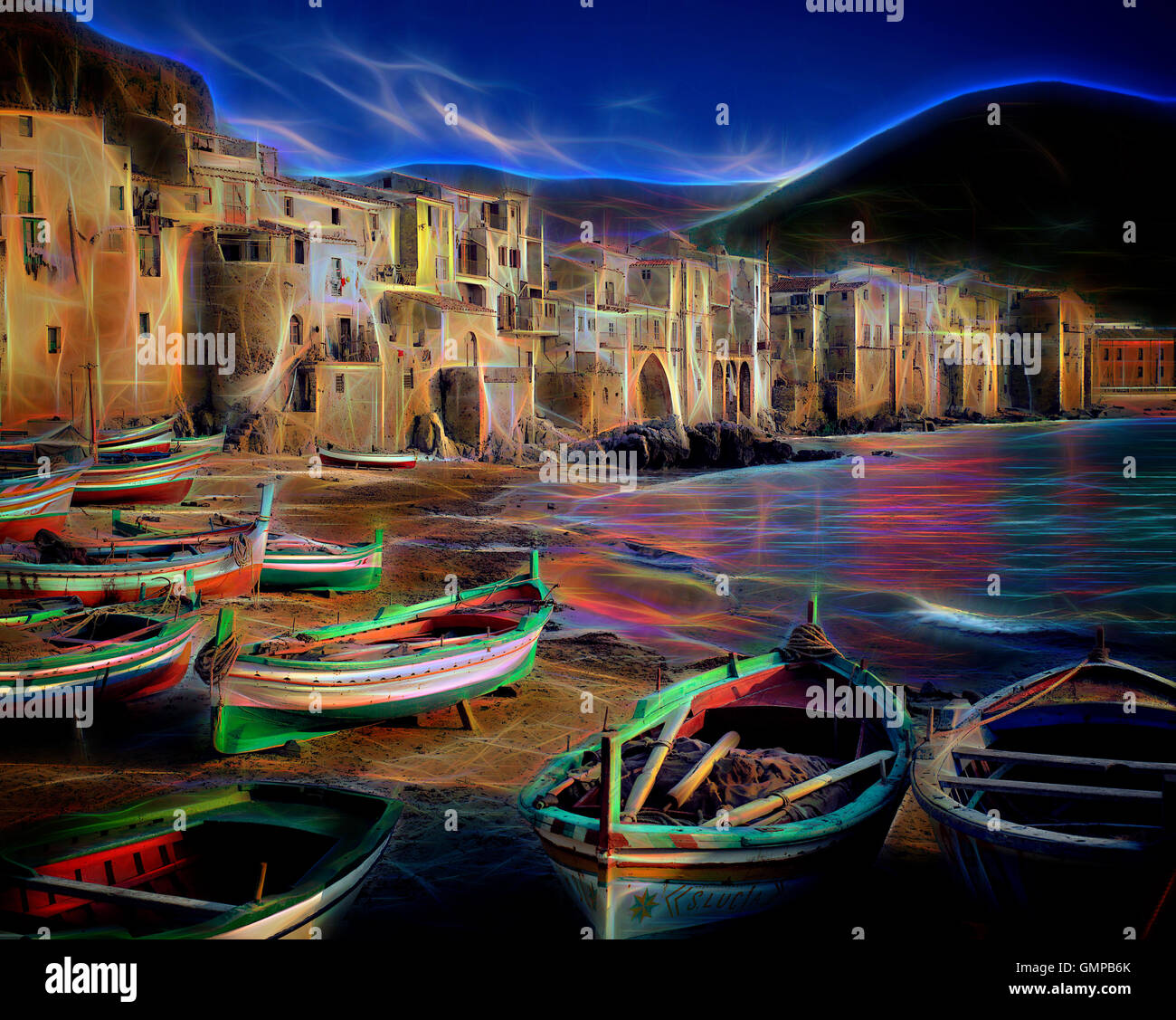 DIGITAL ART: Cefalu Harbour, Sicily, Italy Stock Photo