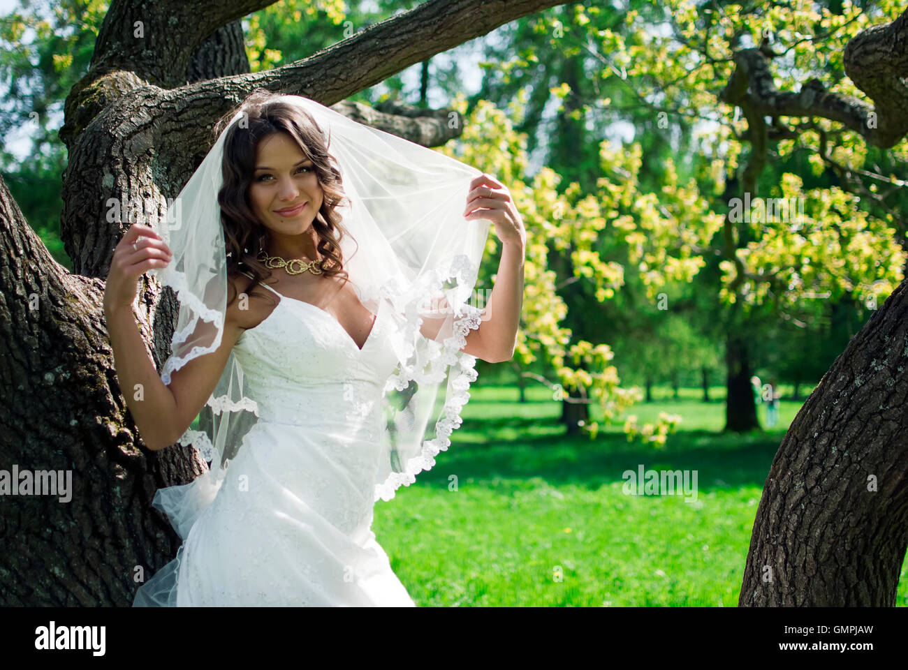 Attractive Bride stands about trees in the park Stock Photo - Alamy