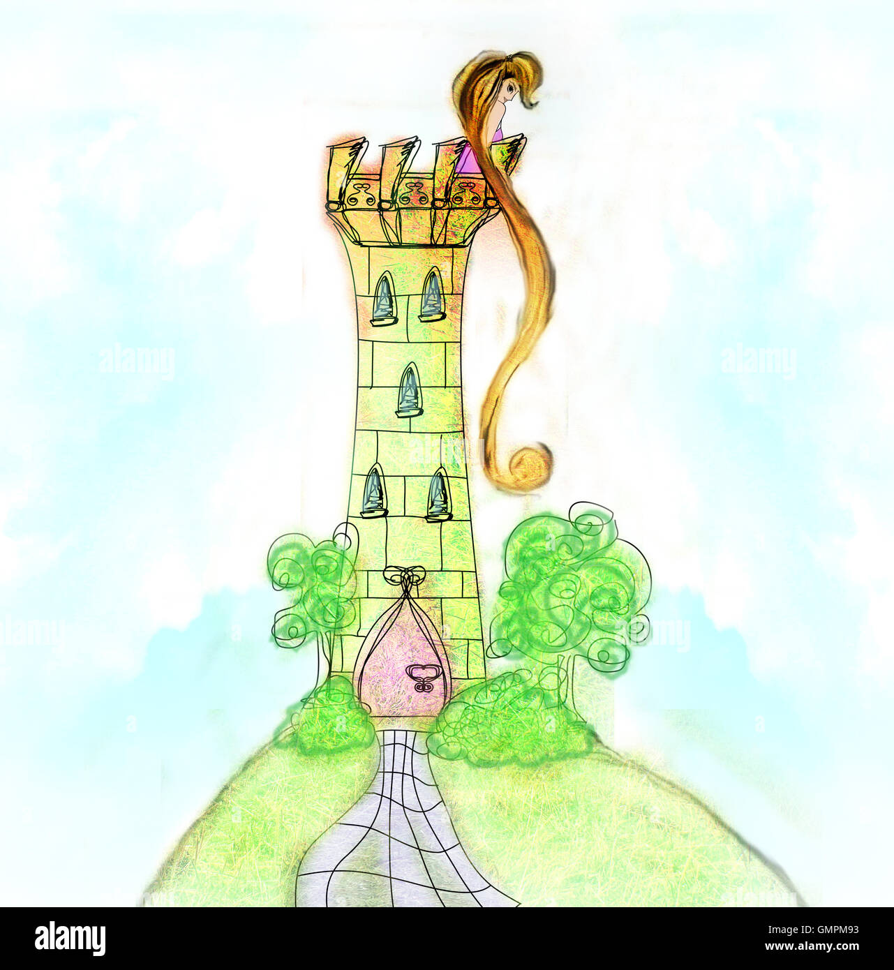 Illustration of princess in tower waiting for Prince Stock Photo - Alamy