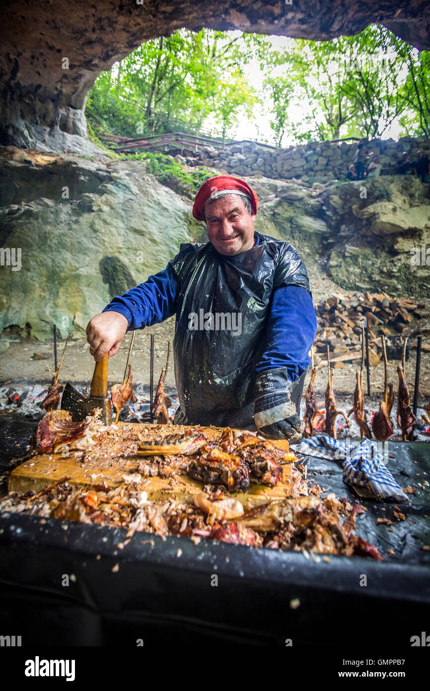 One of the cooks of the 'Zikiro Jate' traditional party in the cave of the witches, at  Zugarramurdi (Navarre - Spain). Stock Photo