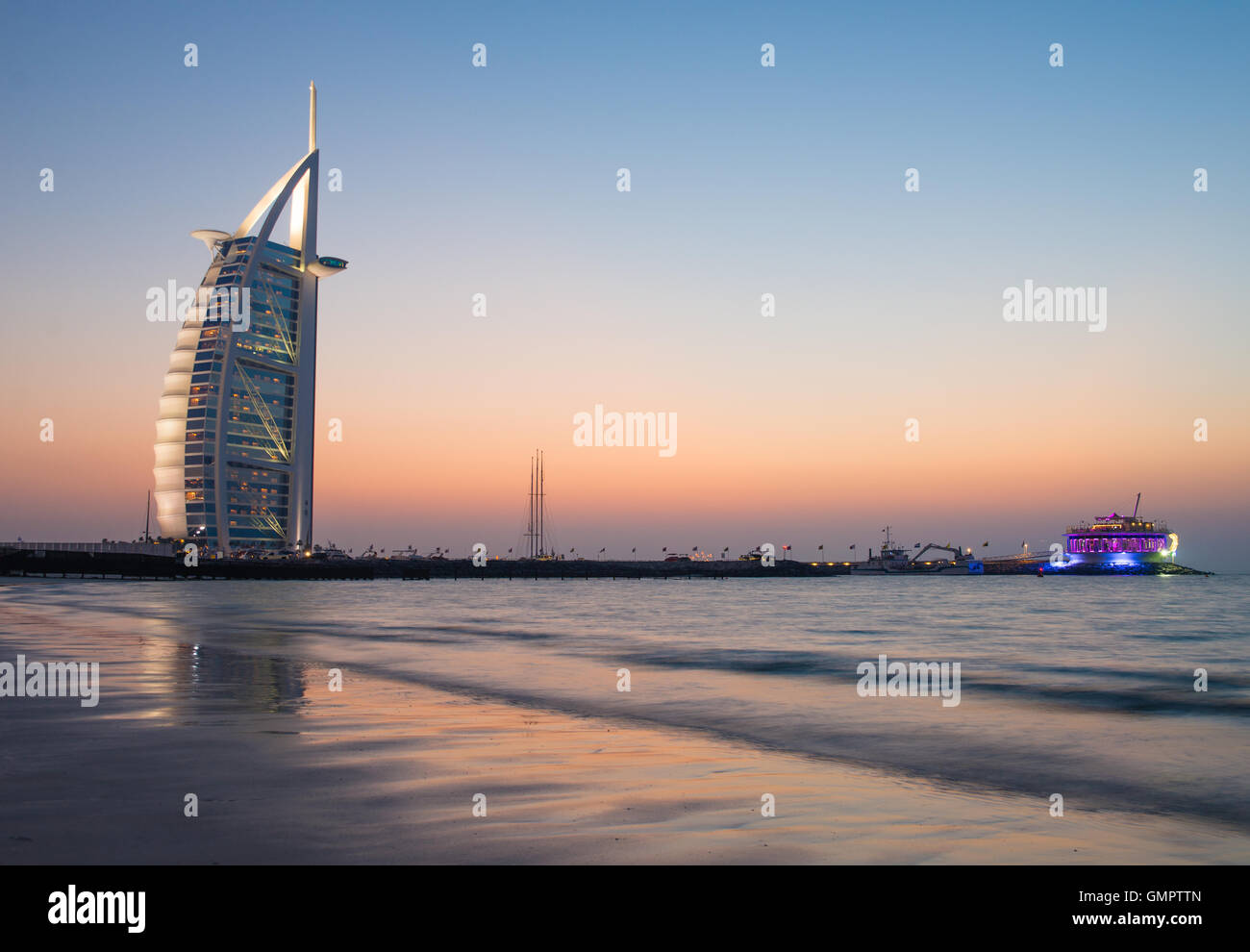 DUBAI, UAE - MARCH 6 :The world's first seven stars luxury hotel Burj Al Arab, March 6, 2014 in Dubai, United Arab Emirates. Stock Photo