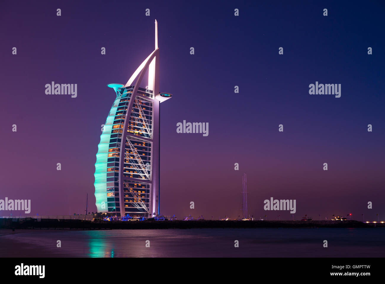 DUBAI, UAE - MARCH 6 :The world's first seven stars luxury hotel Burj Al Arab, March 6, 2014 in Dubai, United Arab Emirates. Stock Photo