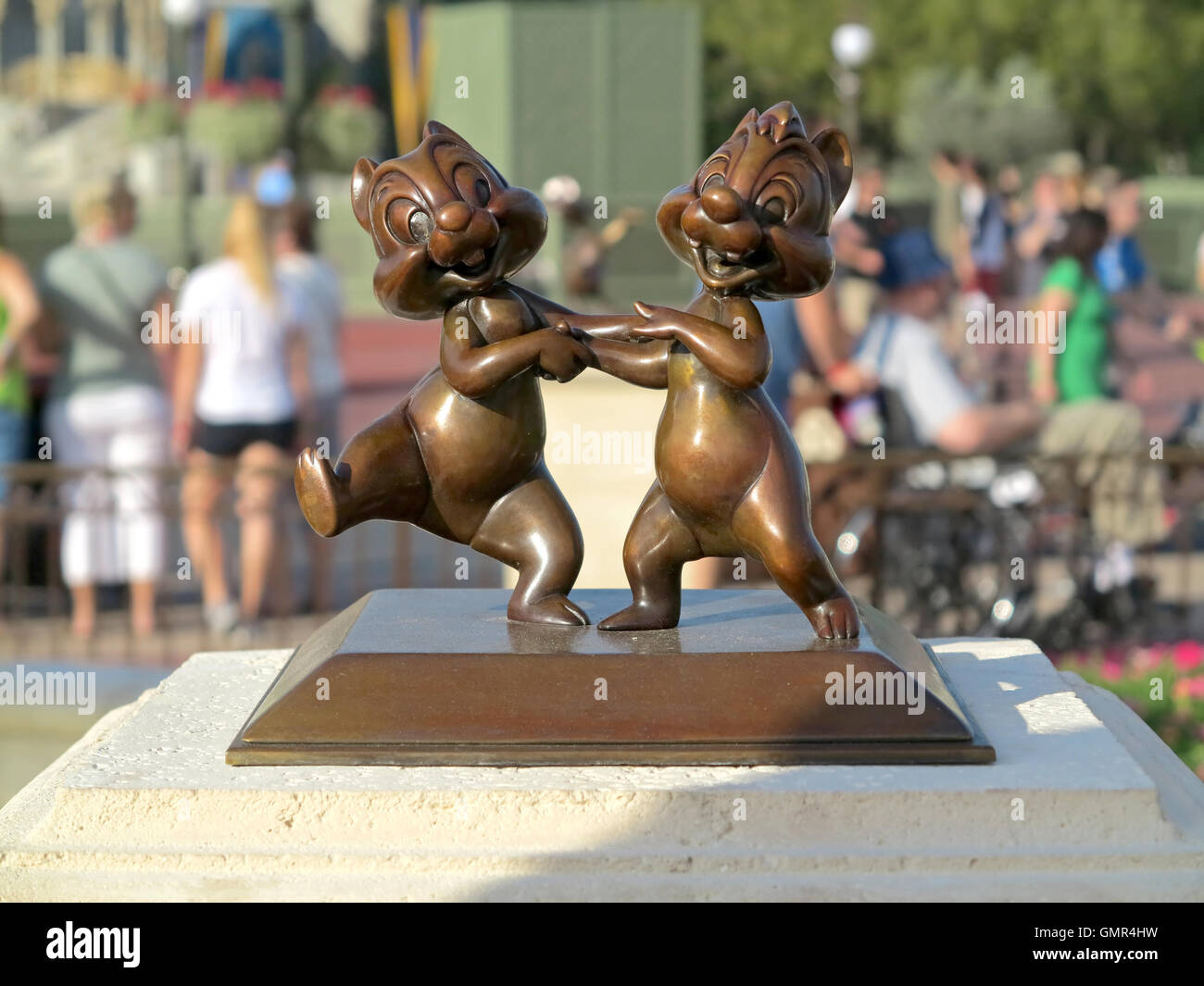 Orlando, Florida. March 5th, 2015. The Chip and Dale statue in its new location in the new hub of Magic Kingdom, Disney World Stock Photo