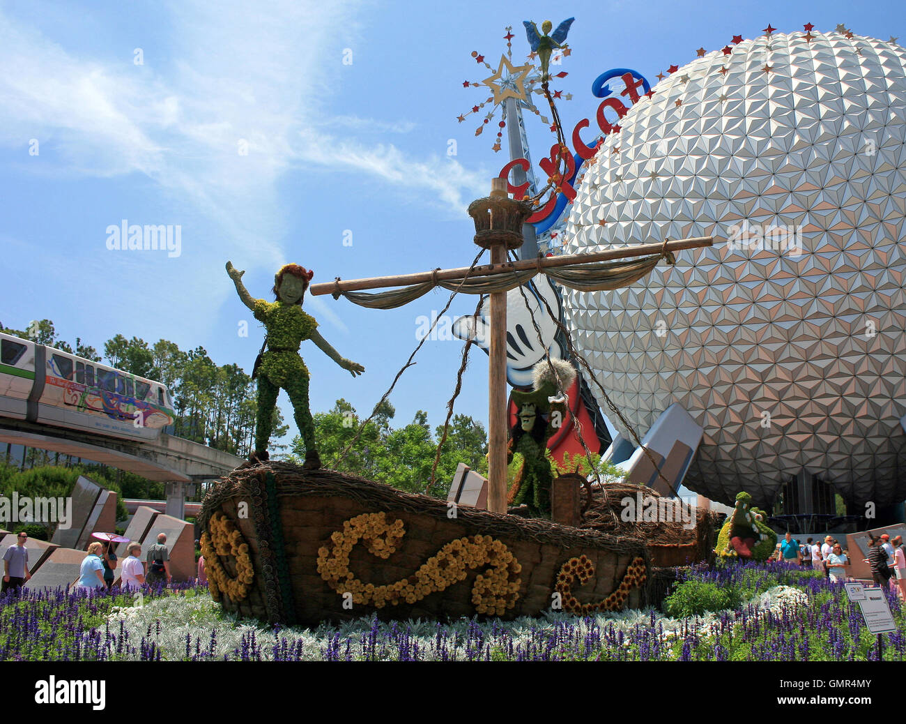 Orlando, Florida. May 21st, 2007. The front display for the Epcot Flower and Garden Festival, showing Peter Pan characters Stock Photo