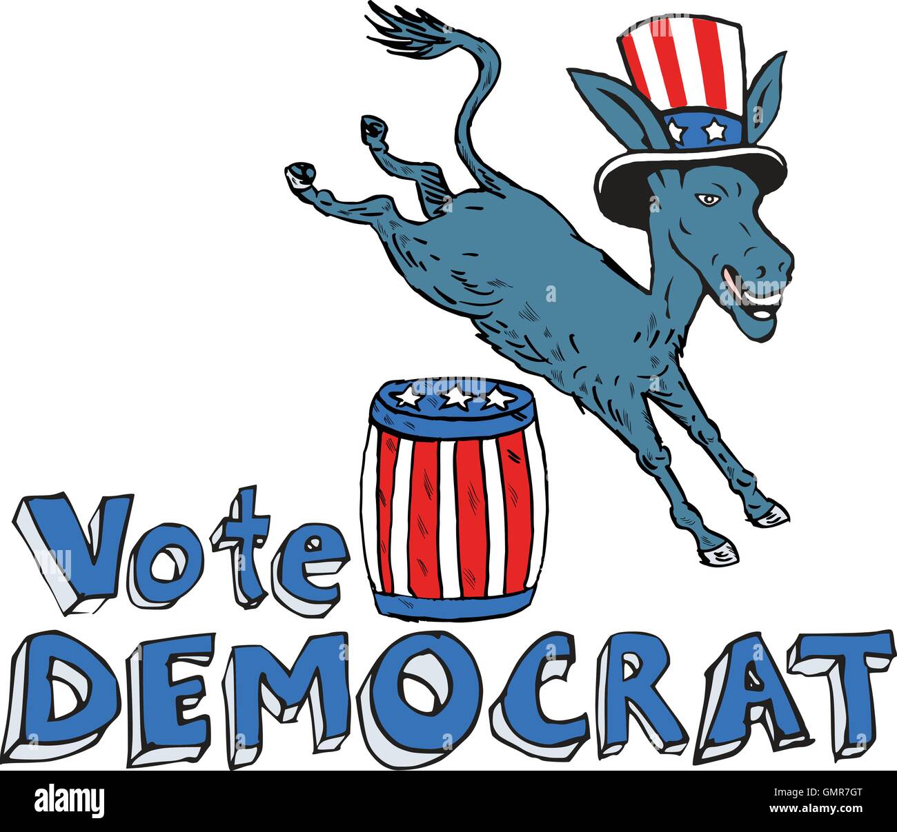 Vote Democrat Donkey Mascot Jumping Over Barrel Cartoon Stock Vector