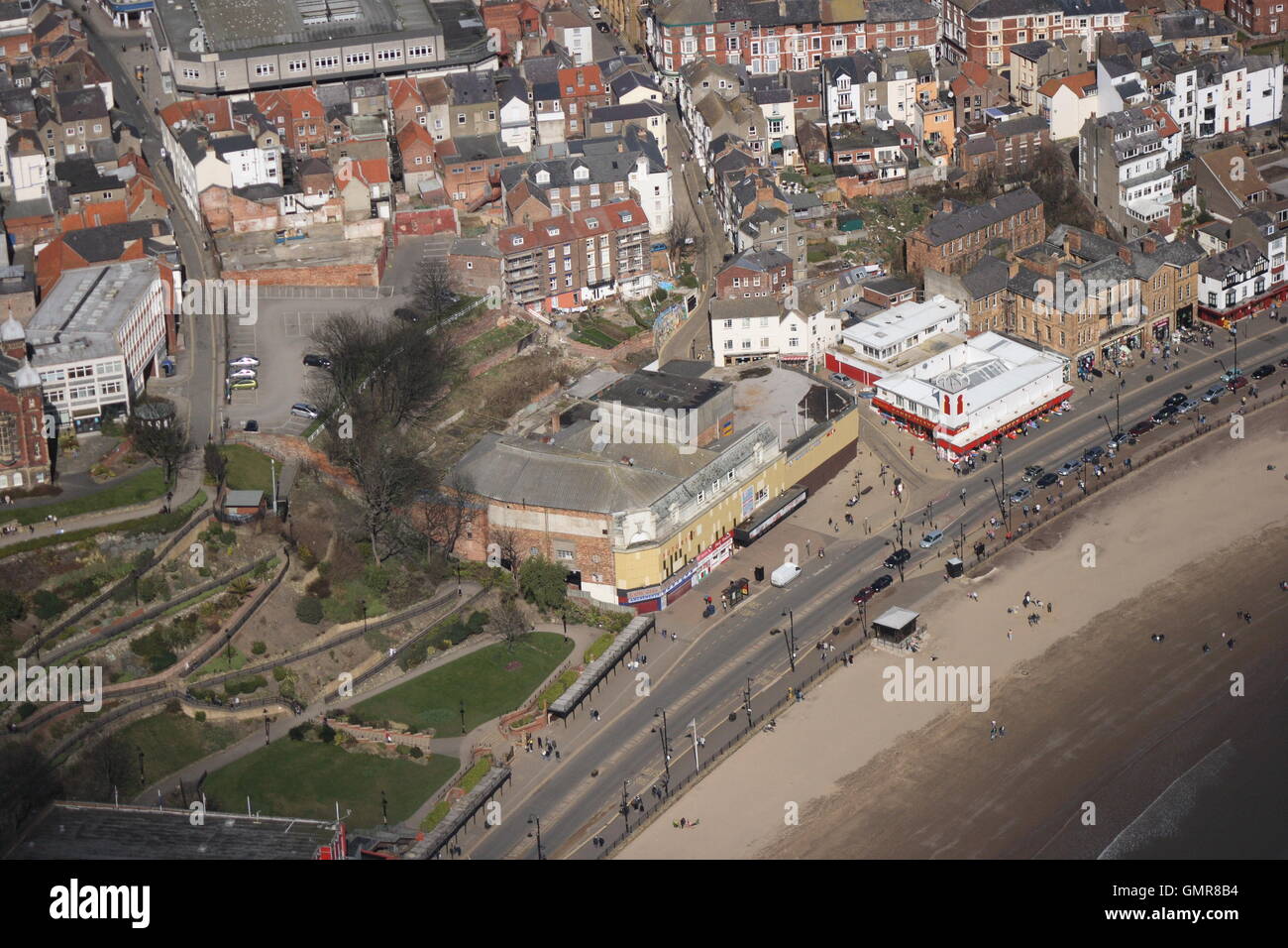 Aerial photo of Scarborough Futurist Theatre and seafront with St Nicholas Cliff Gardens Stock Photo