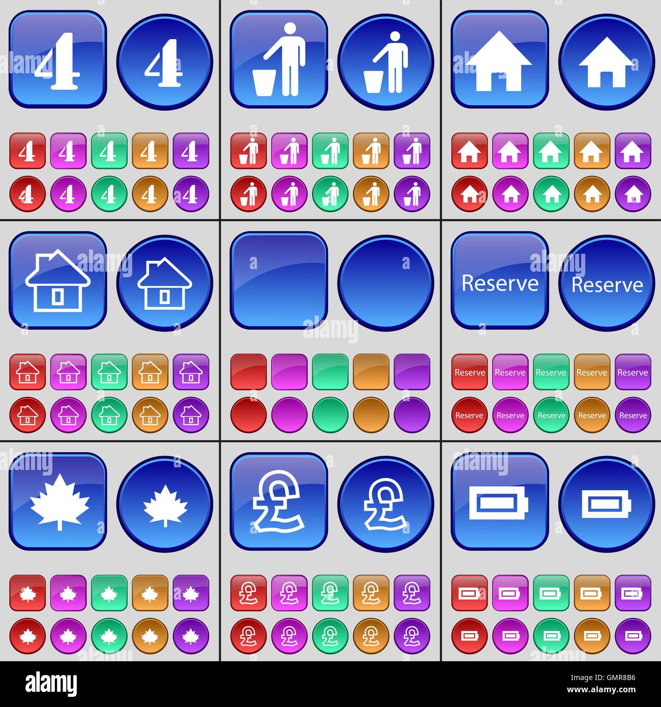 Four, Silhouette, House, House, Reserve, Maple, Pound, Battery. A large set of multi-colored buttons. Vector Stock Vector