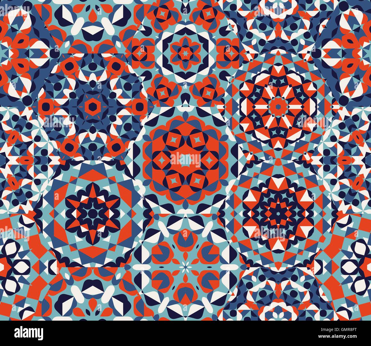Vector Seamless Red Blue One Block Wonder Quilt  Ornaments Patchwork Pattern Stock Vector
