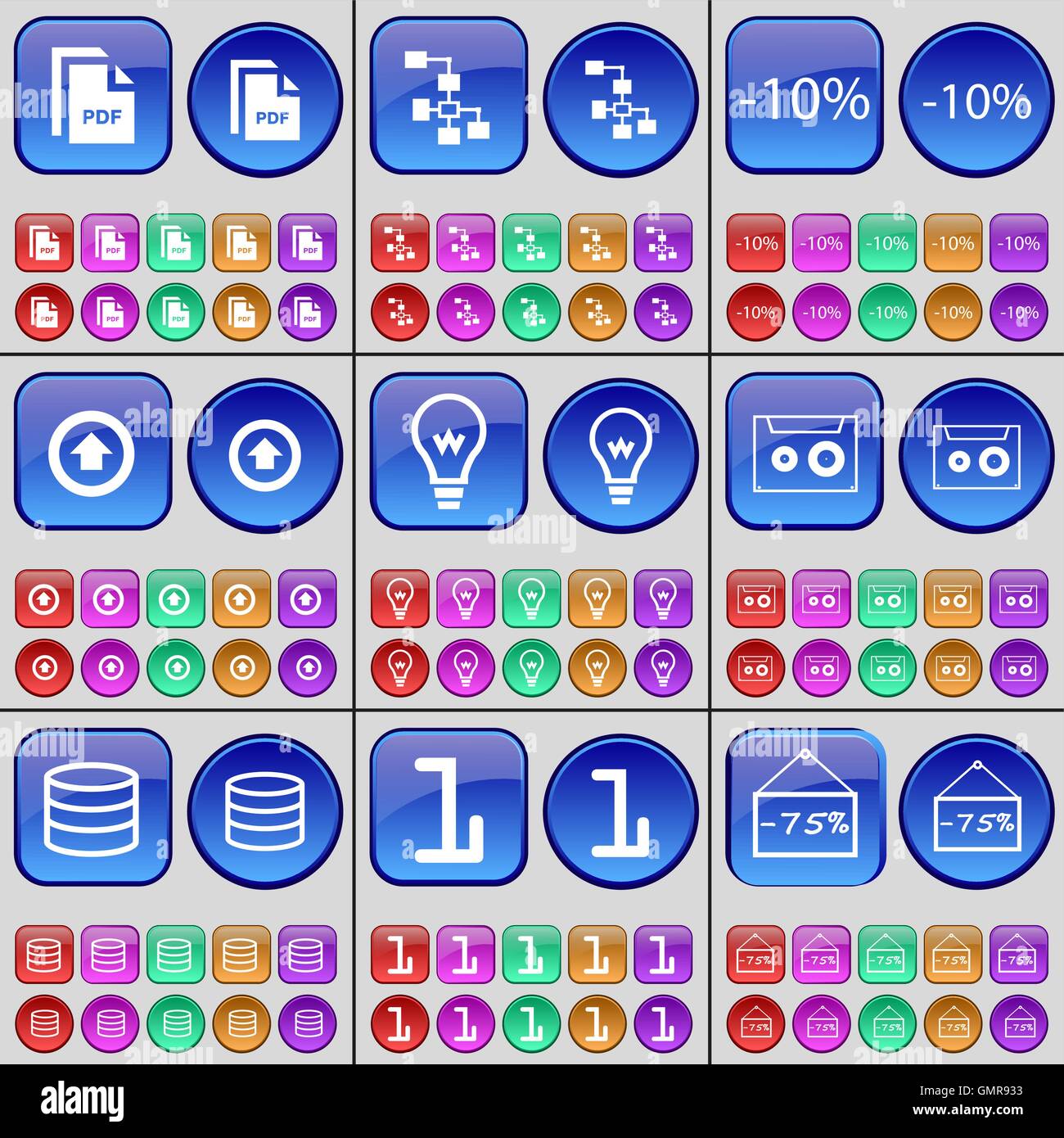 PDF Document, Network, Discount, Arrow up, Light bulb, Cassette