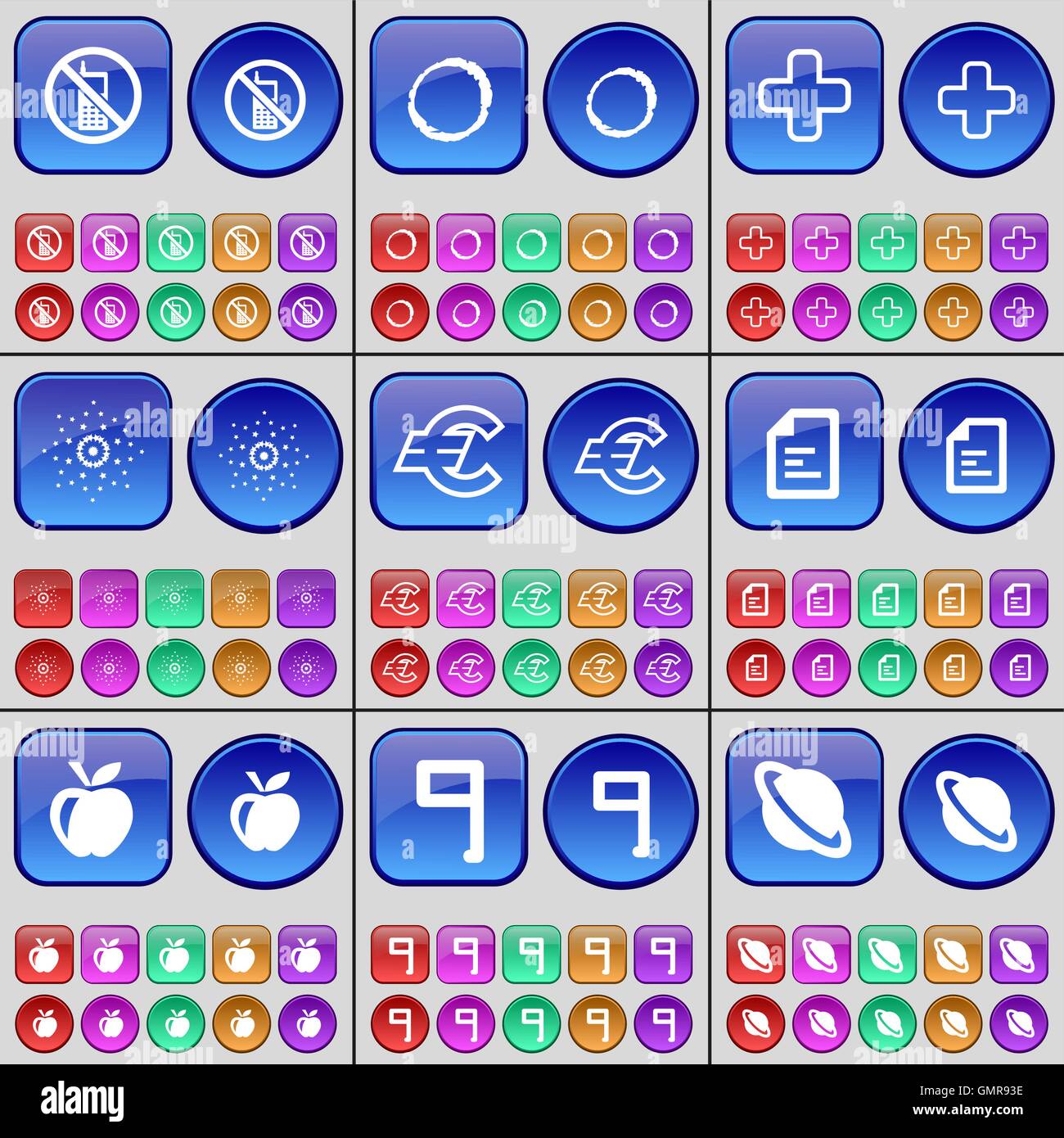 Mobile phone, Zero, Plus, Star, Euro, Text file, Apple, Nine, Planet. A large set of multi-colored buttons. Vector Stock Vector