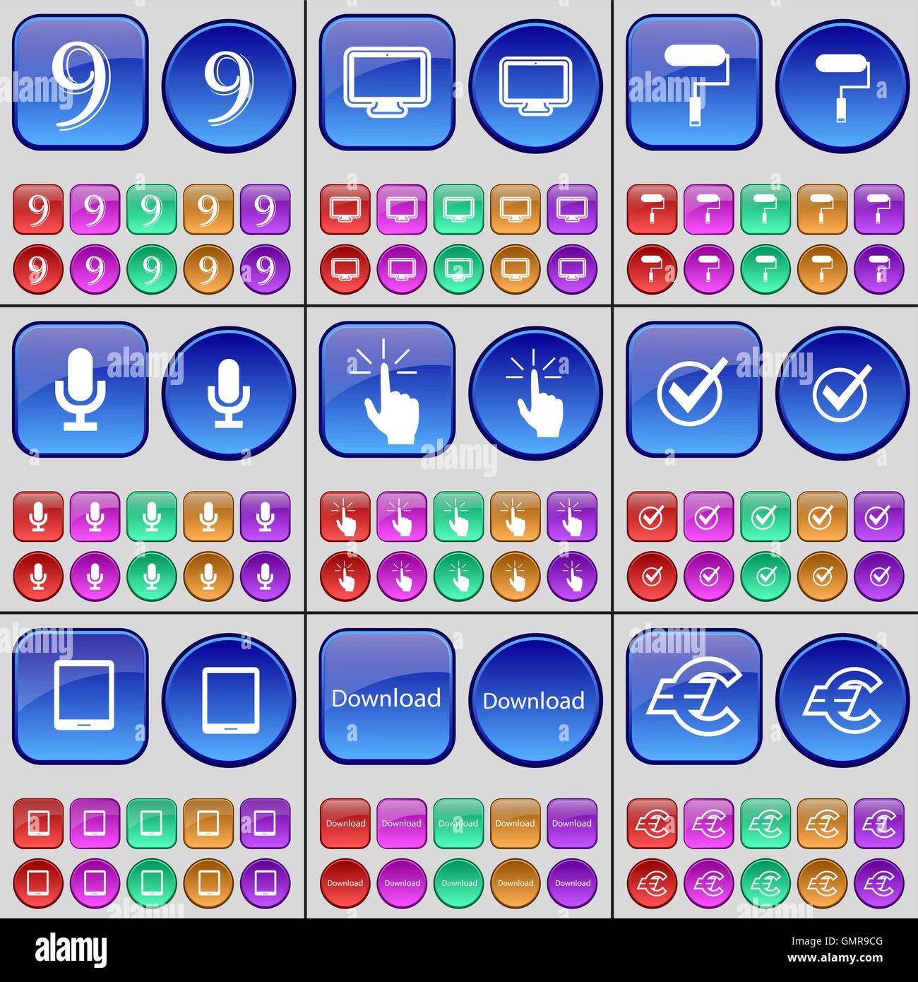 Nine, Monitor, Roller, Microphone, Touch, Tick, Tablet, Download, Euro. A large set of multi-colored buttons. Vector Stock Vector