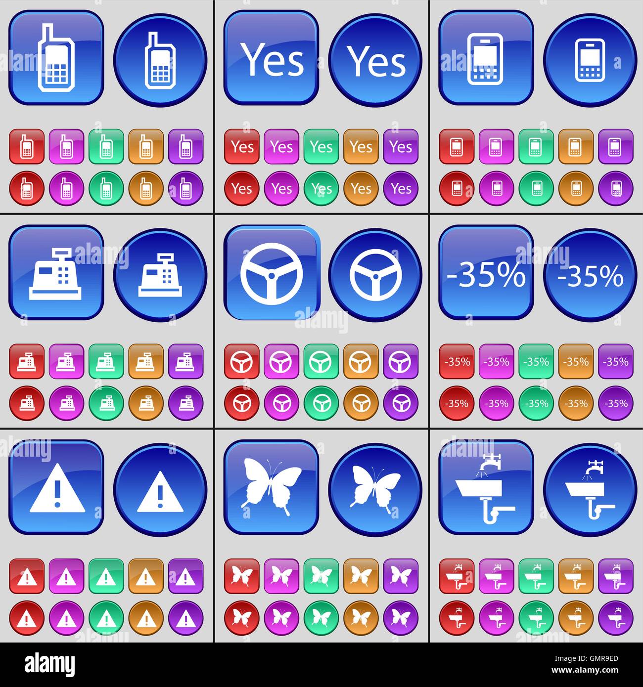 Mobile phone, Yes, Cash register, Wheel, Discount, Warning, Butterfly