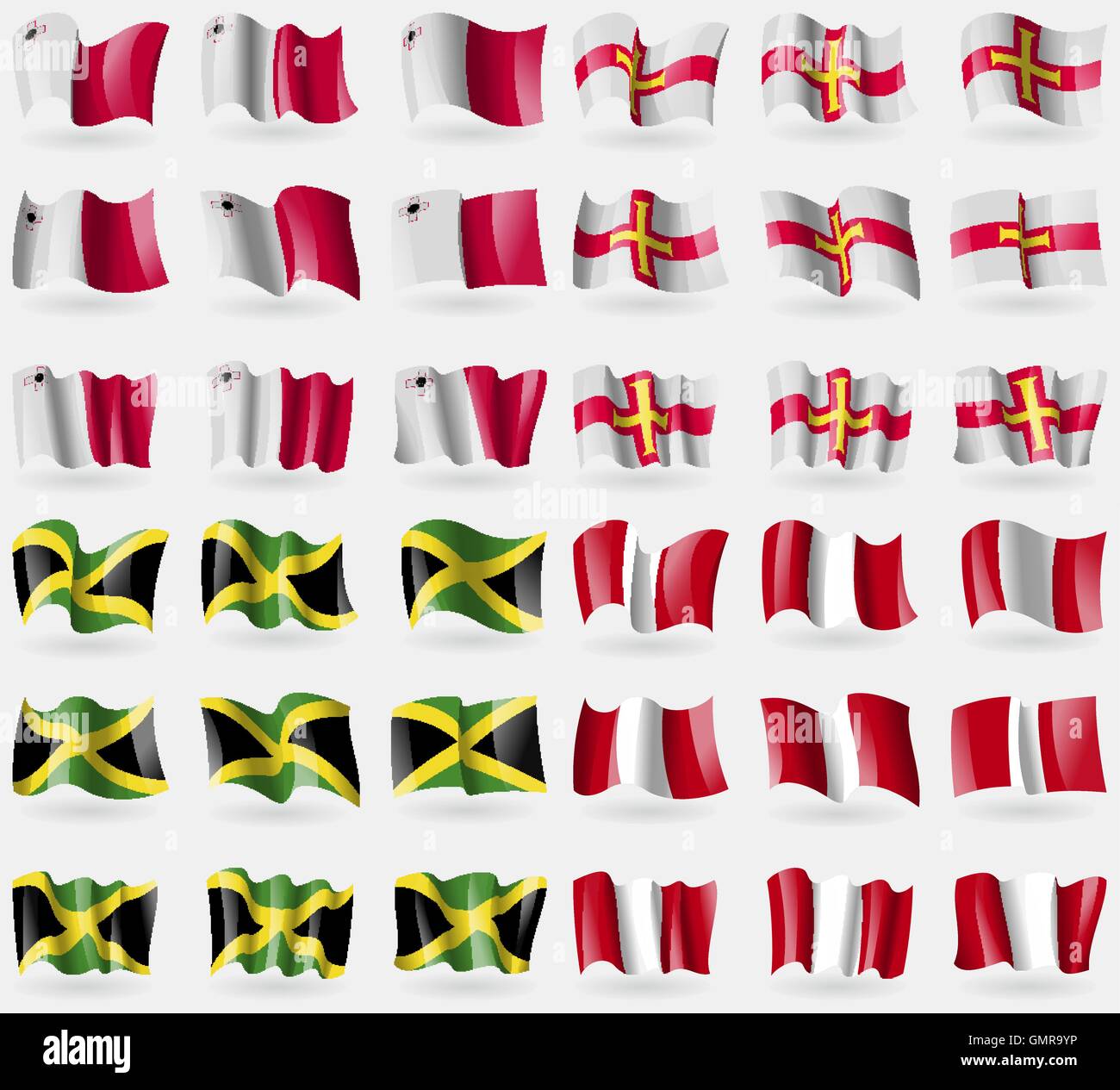 Malta, Guernsey, Jamaica, Peru. Set of 36 flags of the countries of the