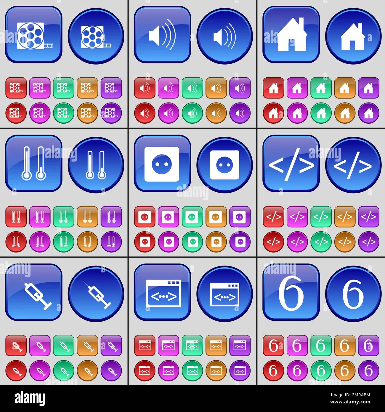 Videotape, Sound, House, Thermometer, Socket, Code, Syringe, Six. A large set of multi-colored buttons. Vector Stock Vector